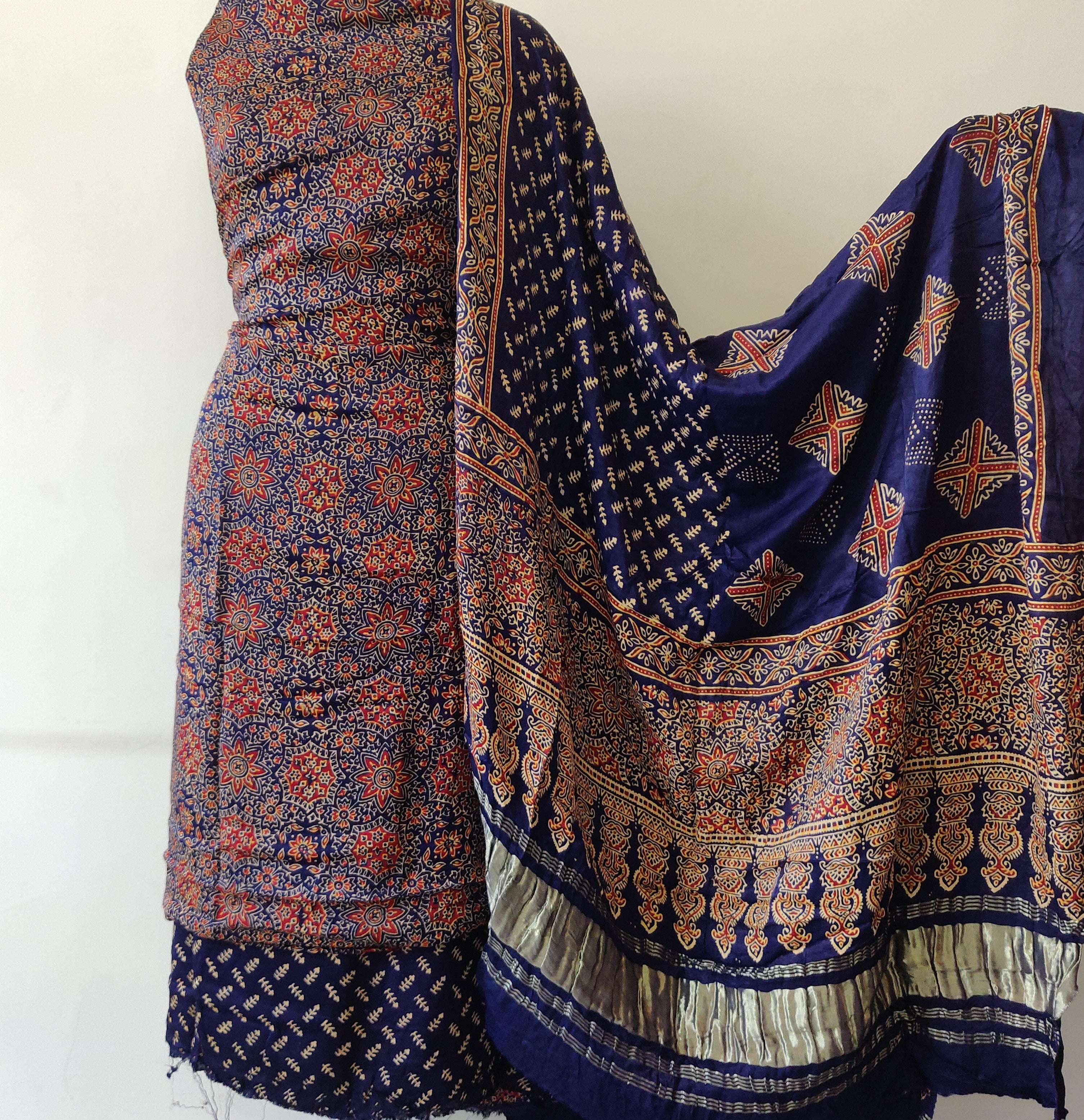 Navy Blue Modal Silk Ajrakh Hand block printed 3 piece dress material Navy Blue Modal Silk Ajrakh Hand block printed 3 piece dress material