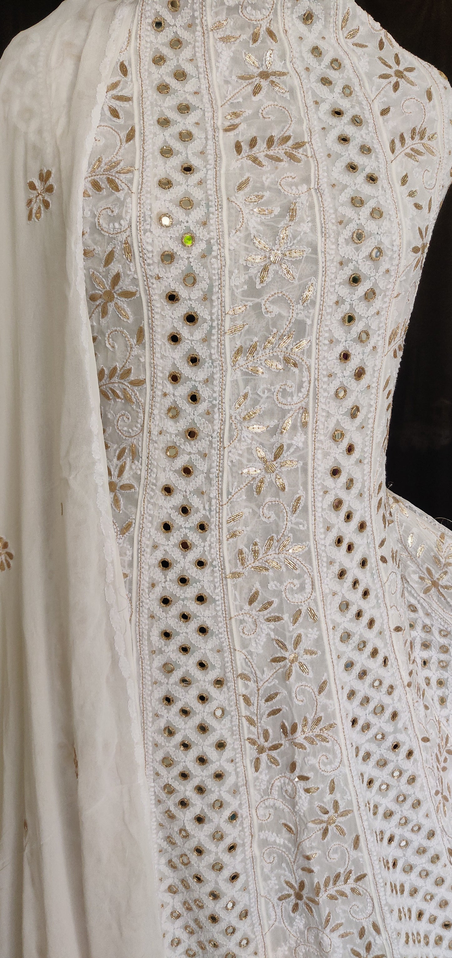 White Chikankari and mirror work anarkali with dupatta