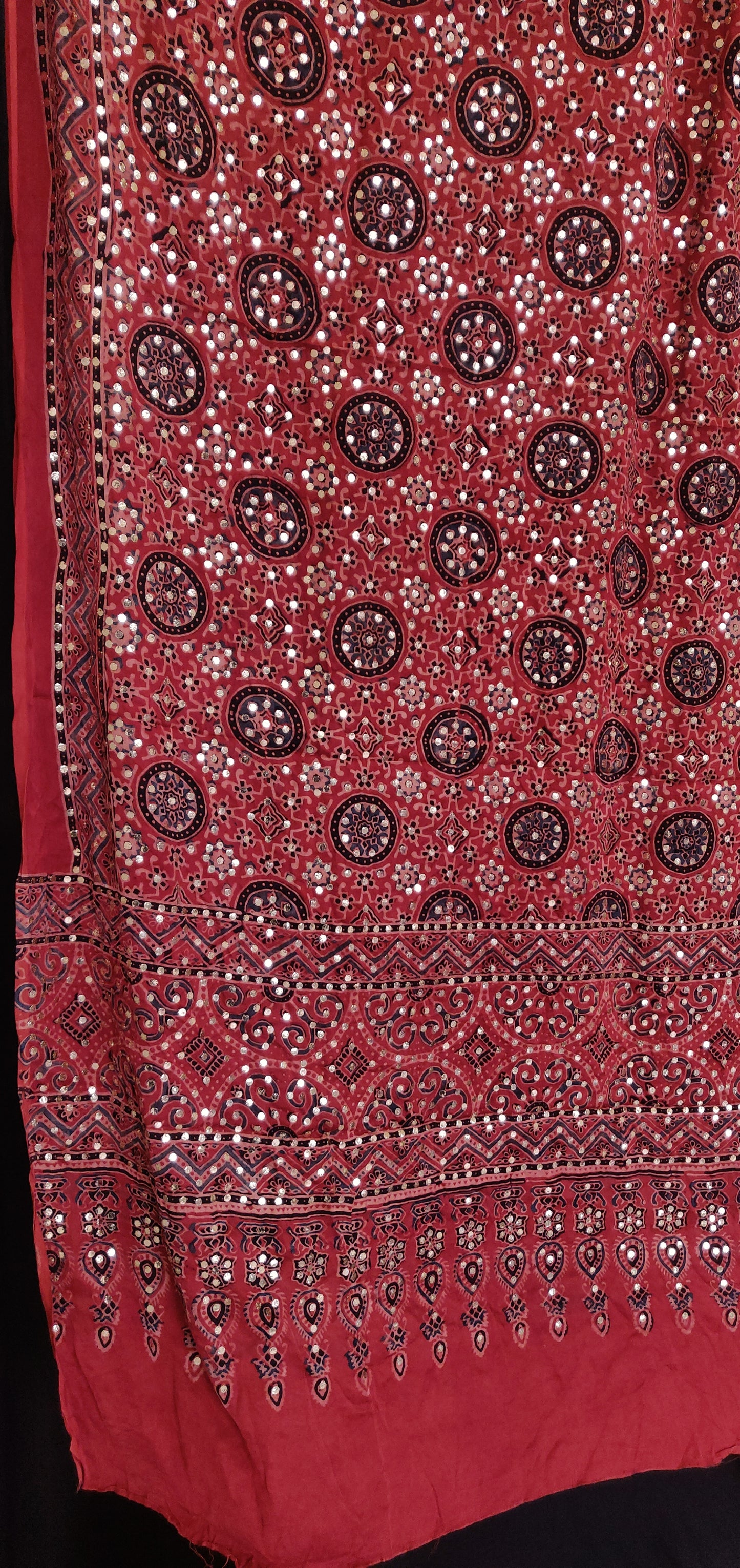 Rust modal silk ajrakh block printed dupatta with heavy mukaish