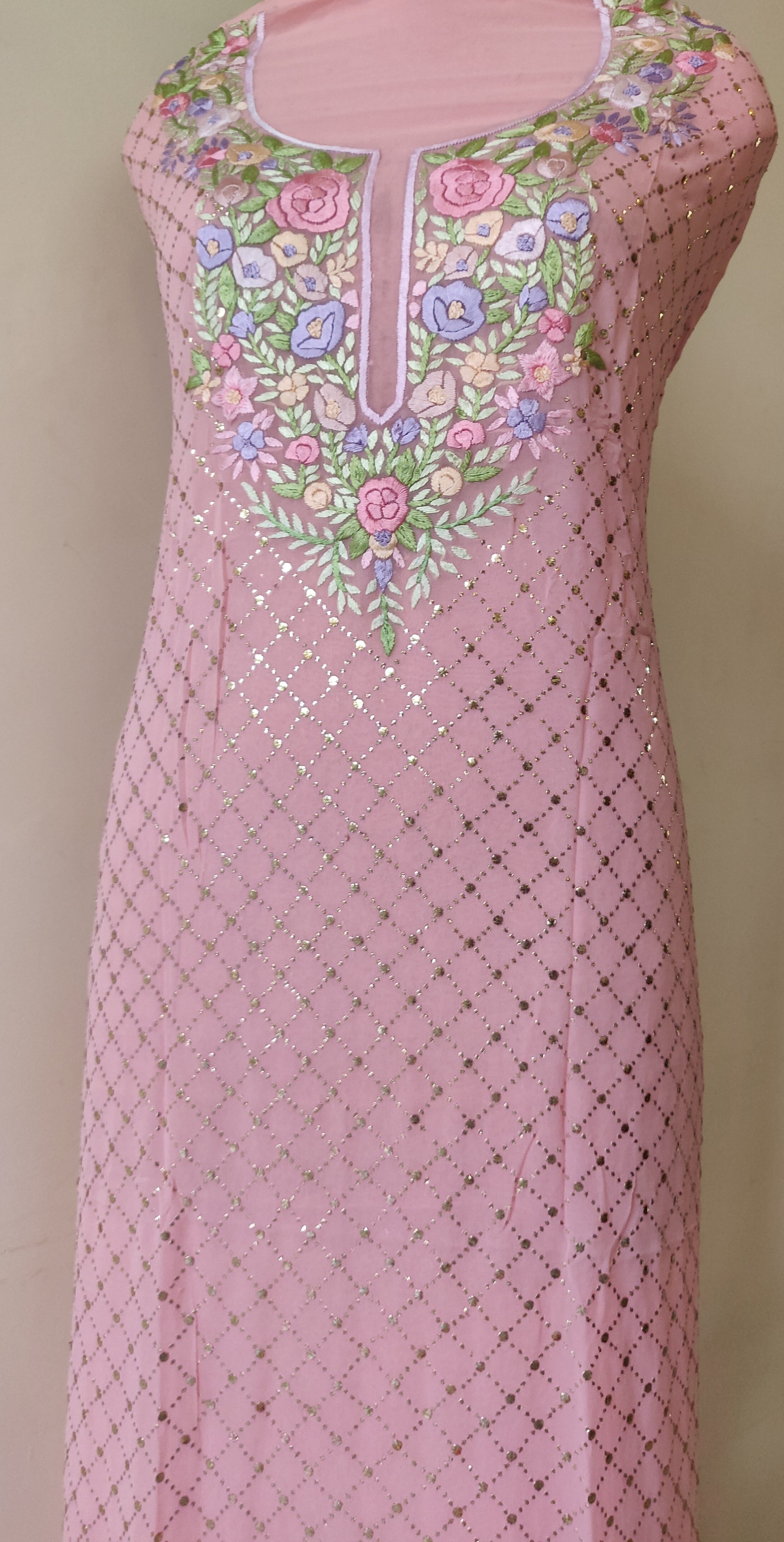 Rose Pink Colour Mukaish Georgette Kurta with Net Dupatta and Mint Colour Brocade Georgette Salwar