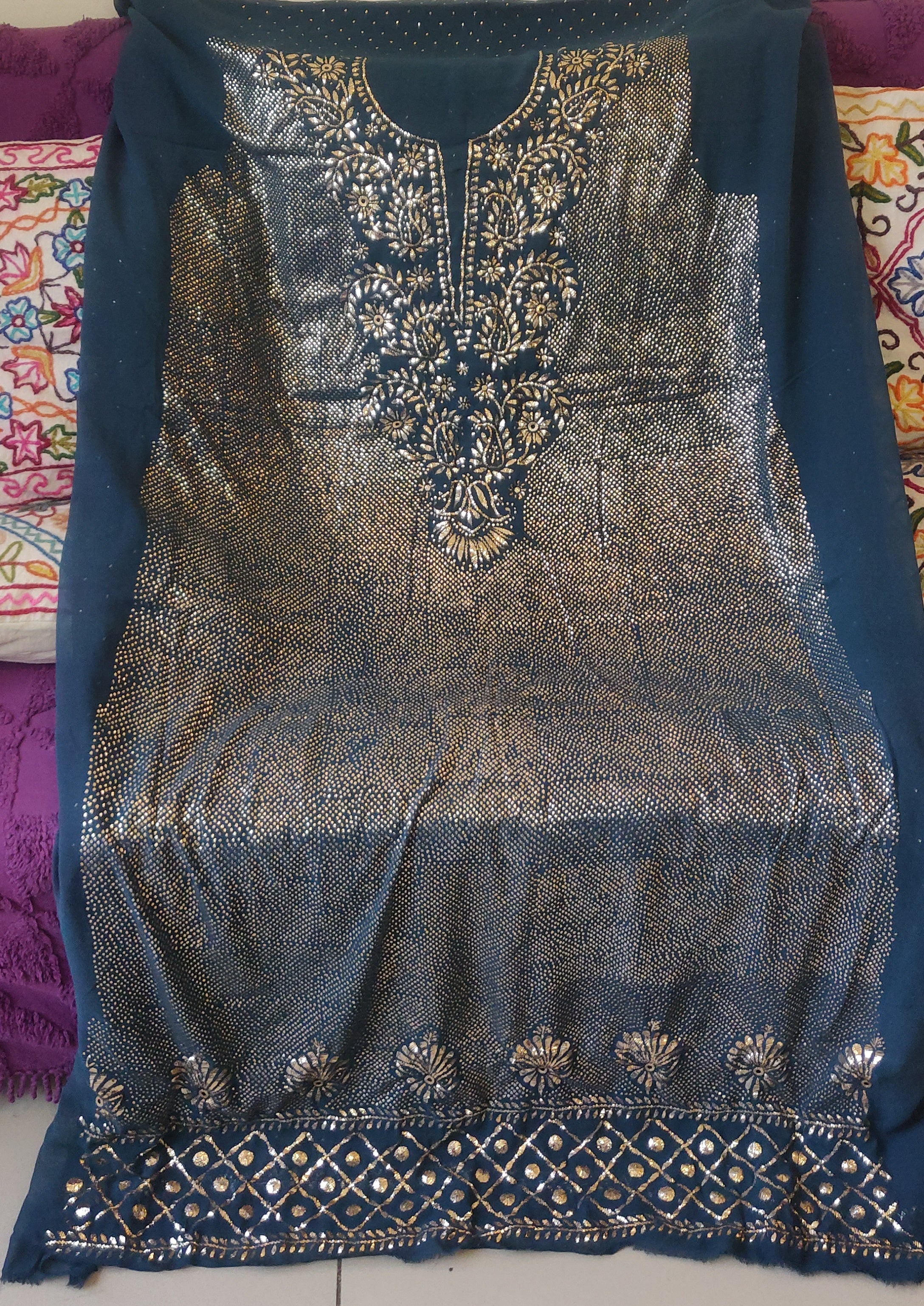 Ruhani Ink Blue Badla heavy mukaish pure georgette kurta dupatta s