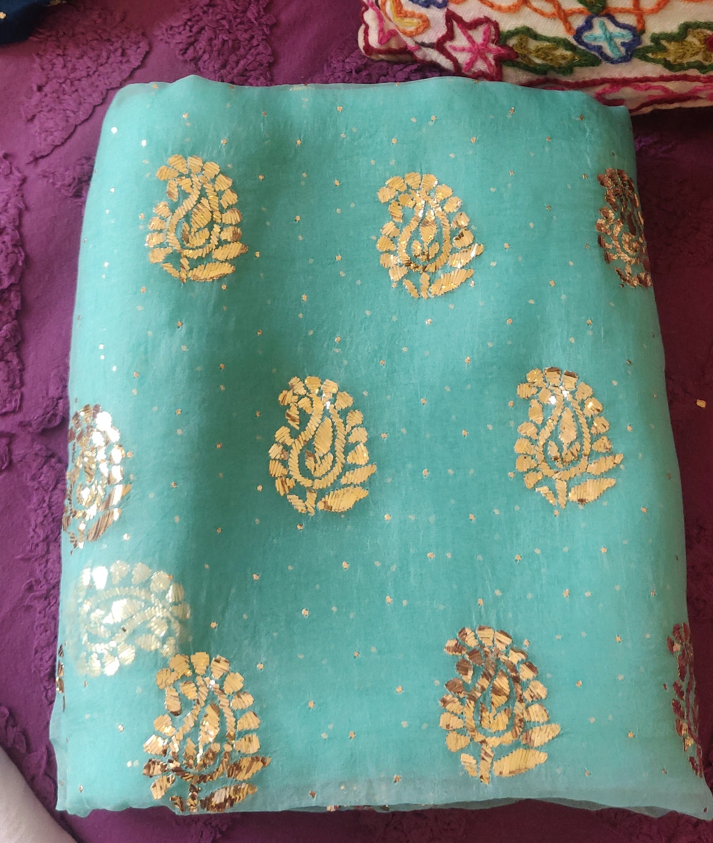 Firozi Pure Organza Saree with Badla and Mukaish Work