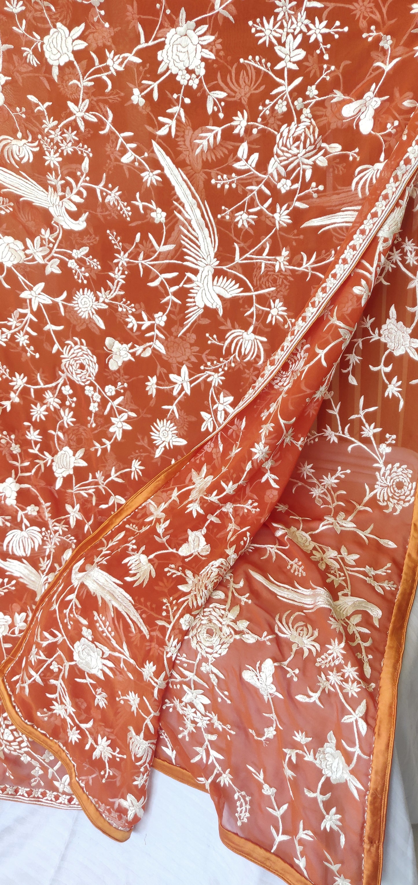 Orange parsi Gara hand embroidered dupatta