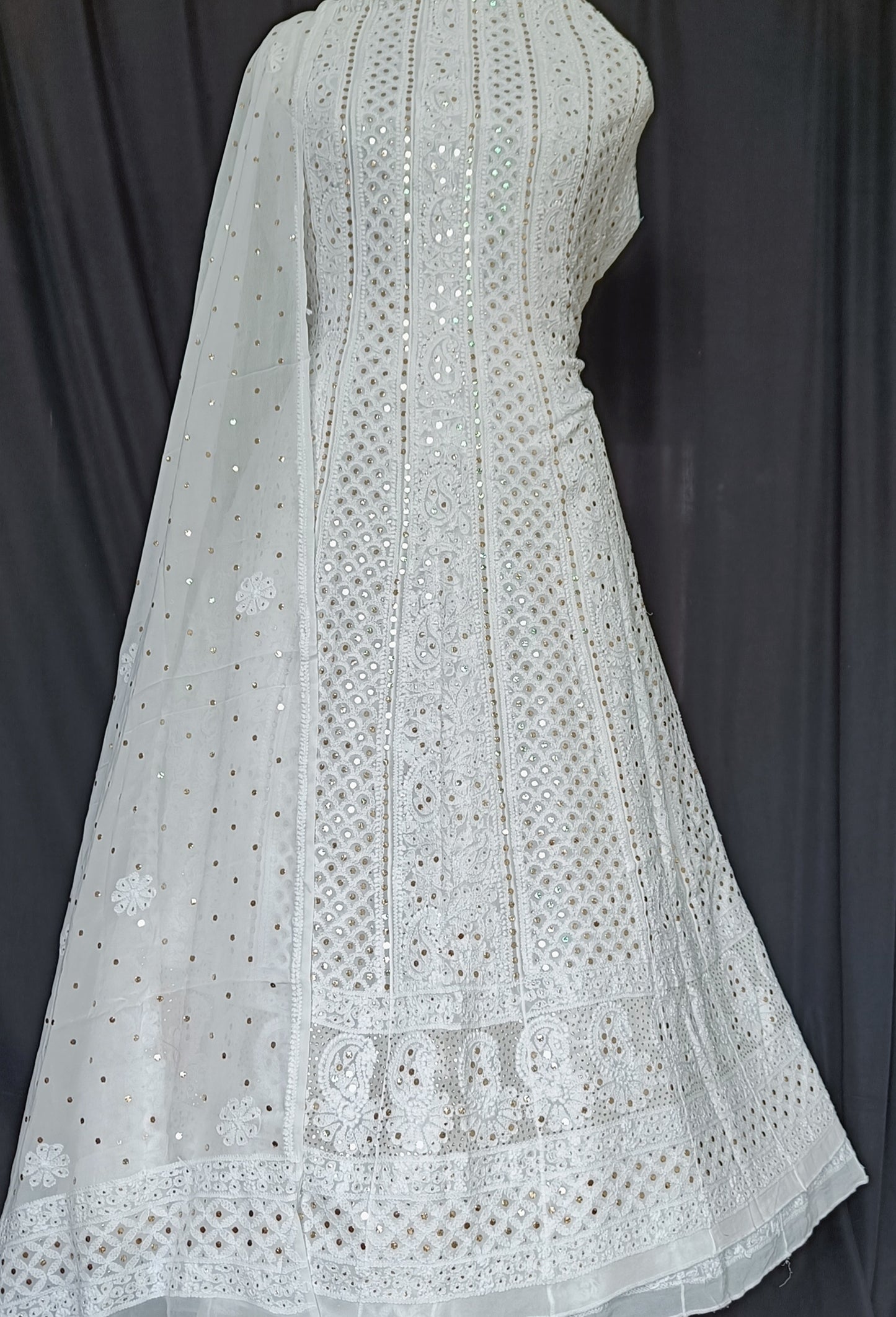White allover Chikankari and heavy mukaish anarkali with dupatta