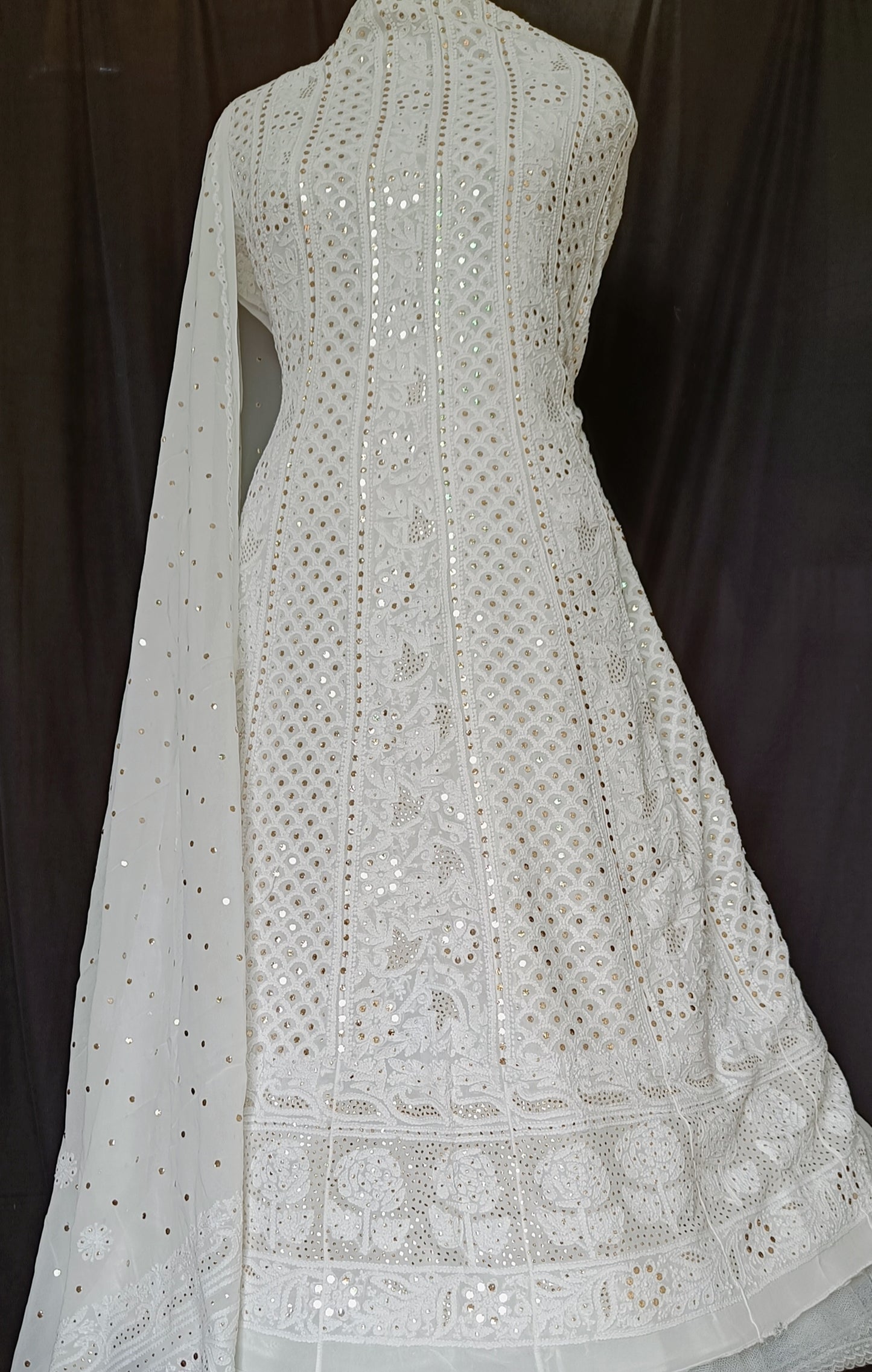 White allover Chikankari and heavy mukaish anarkali with dupatta
