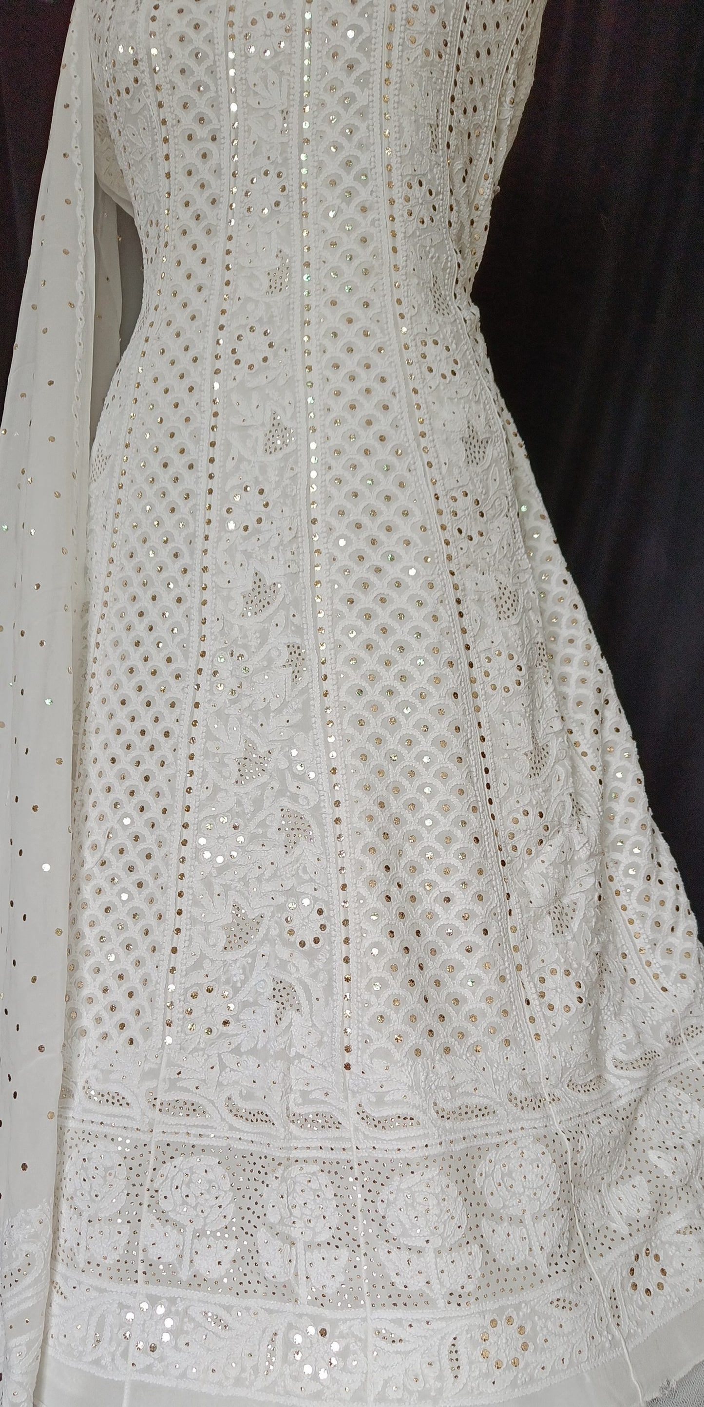 White allover Chikankari and heavy mukaish anarkali with dupatta