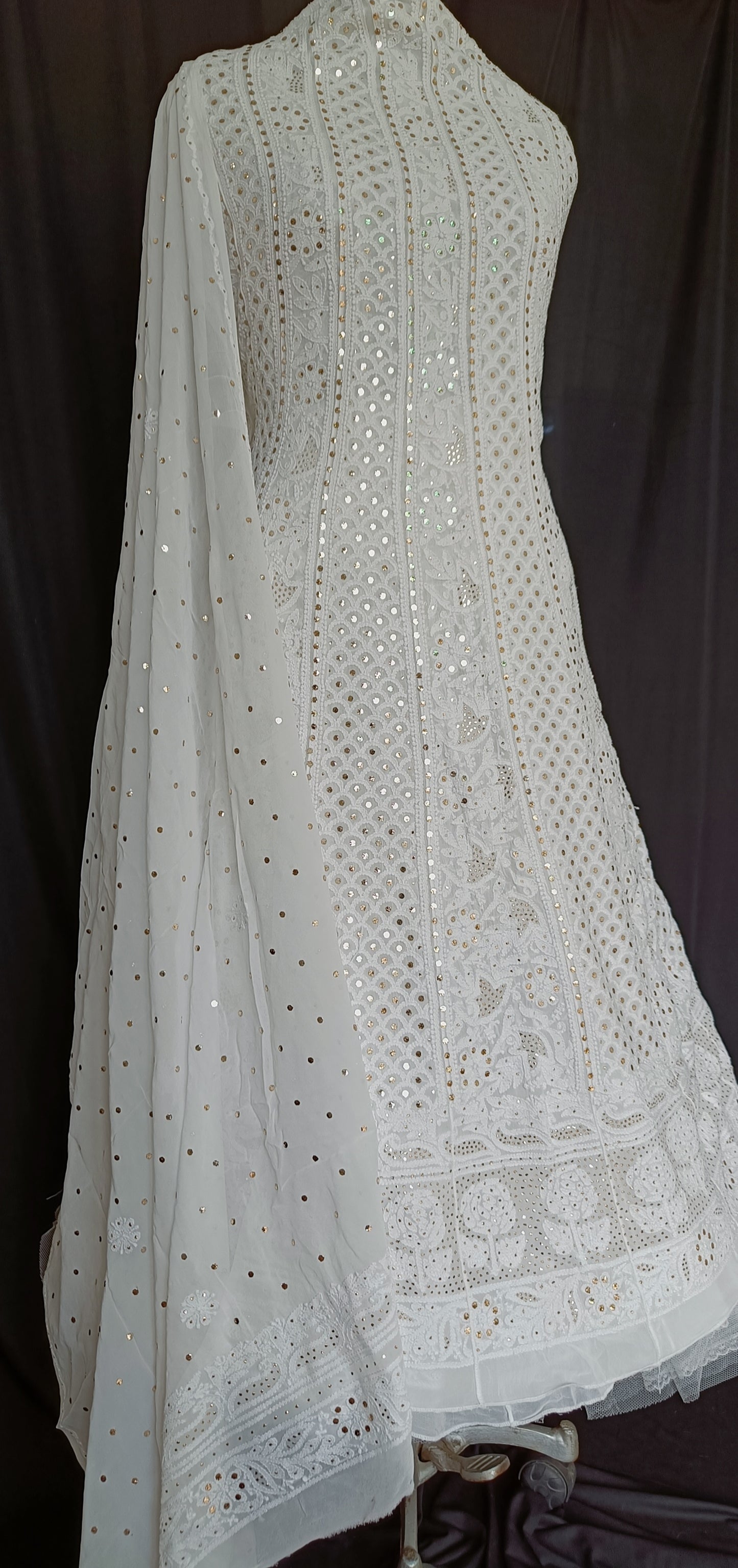 White allover Chikankari and heavy mukaish anarkali with dupatta