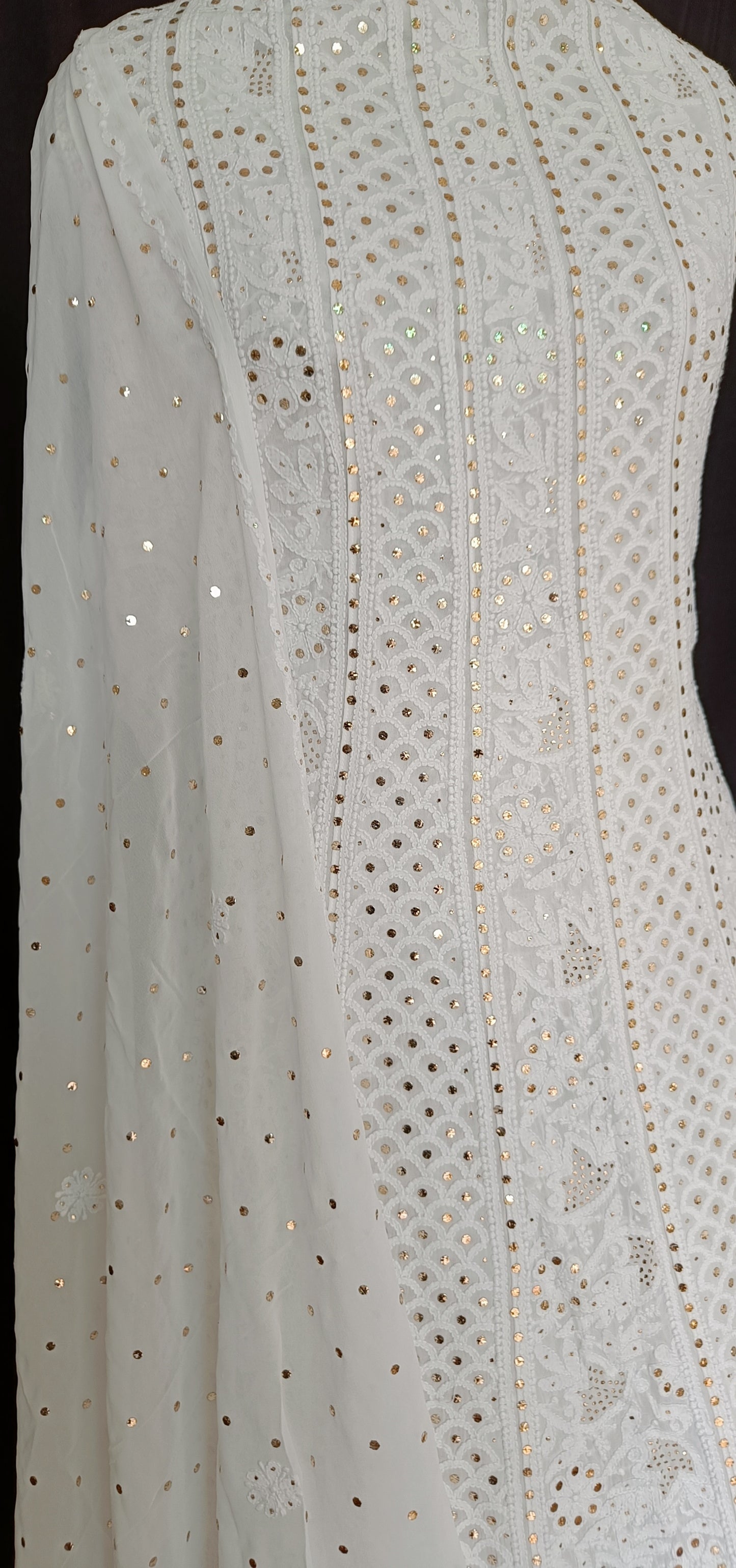 White allover Chikankari and heavy mukaish anarkali with dupatta