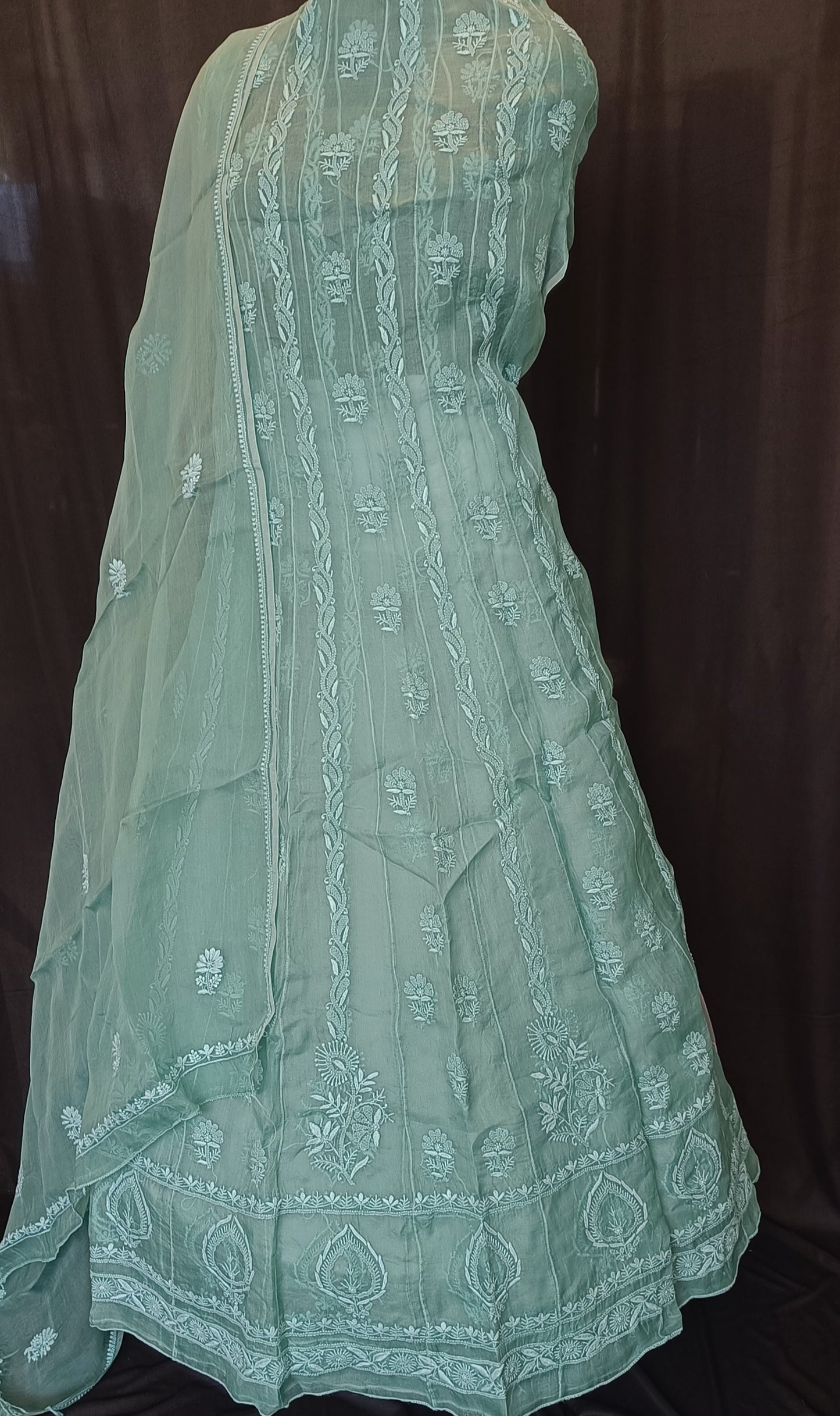 Sage Green Allover Fine Chikankari Organza Anarkali with Dupatta