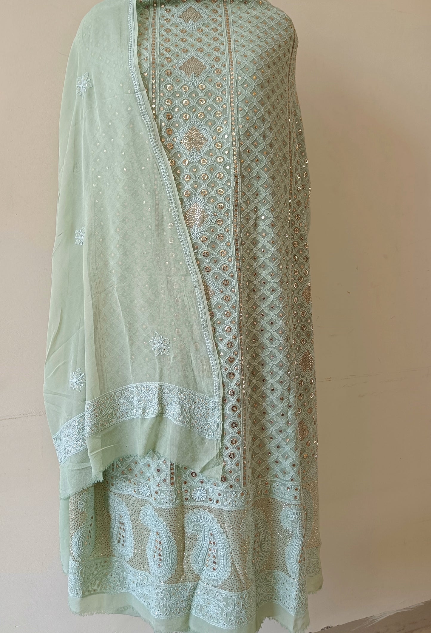 Sage Green Chikankari and Ring Mukaish Kurta and Dupatta