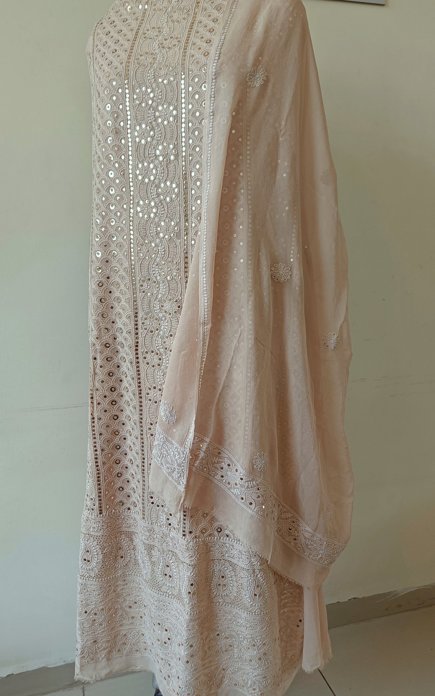 Nude Pink Chikankari and Ring Mukaish Kurta and Dupatta