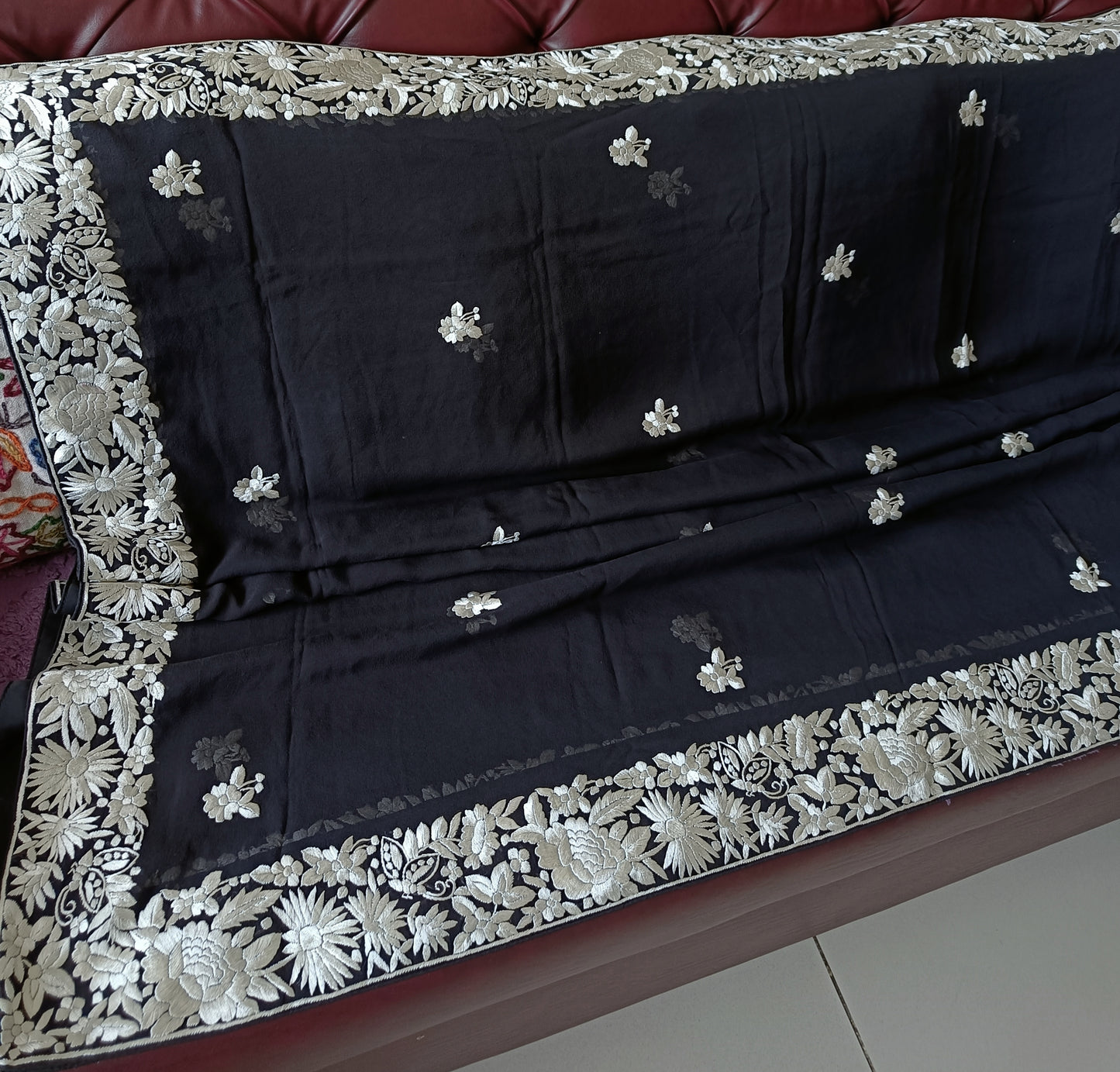 Black and Ivory Pure Georgette Dupatta With Parsi Gara Hand Embroidery