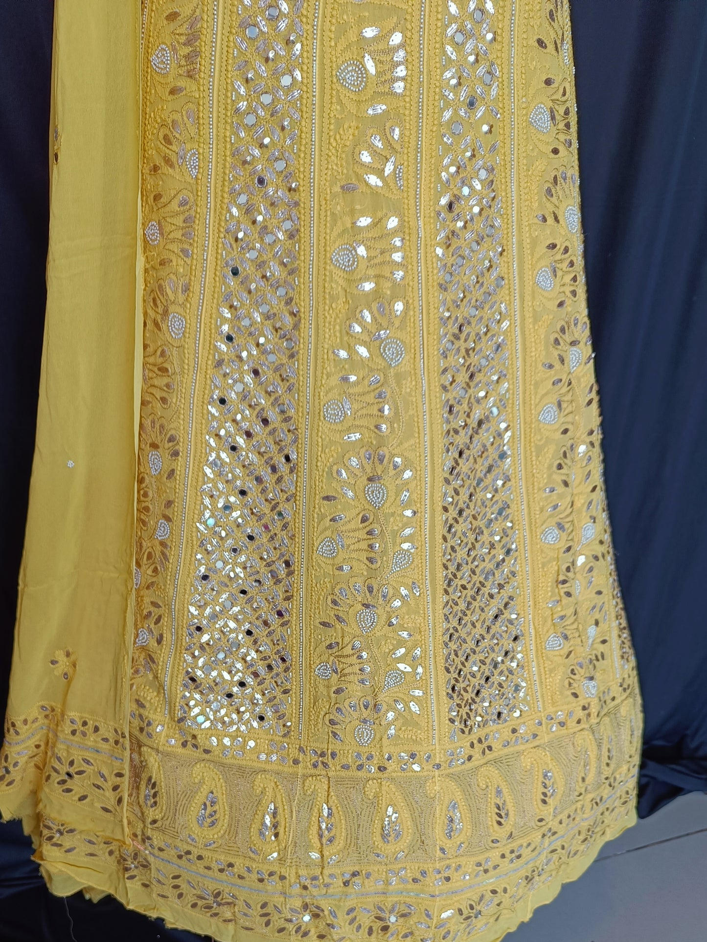 Yellow Chikankari mirror pearl work anarkali with dupatta