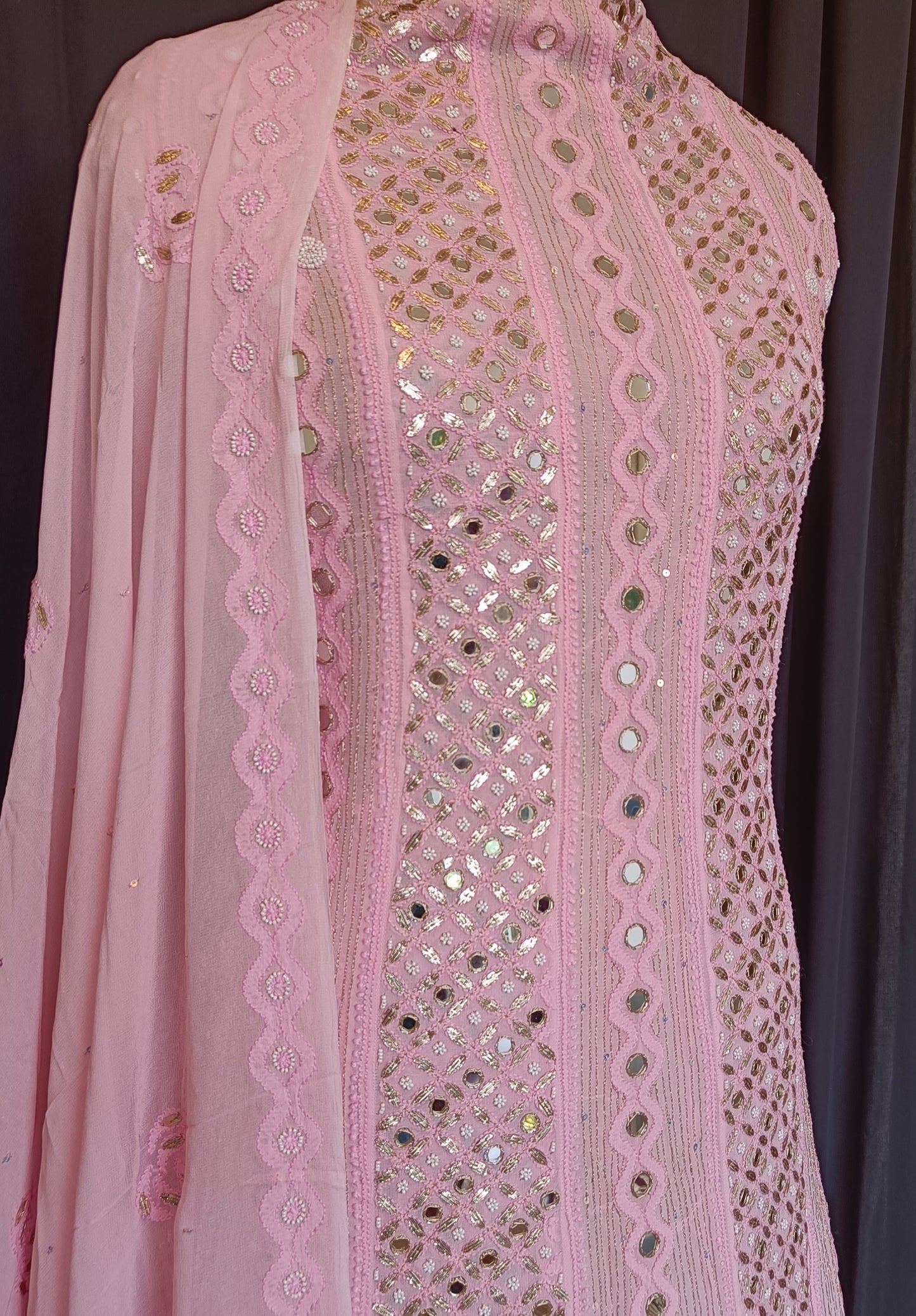 Rose Pink Chikankari mirror pearl work anarkali with dupatta