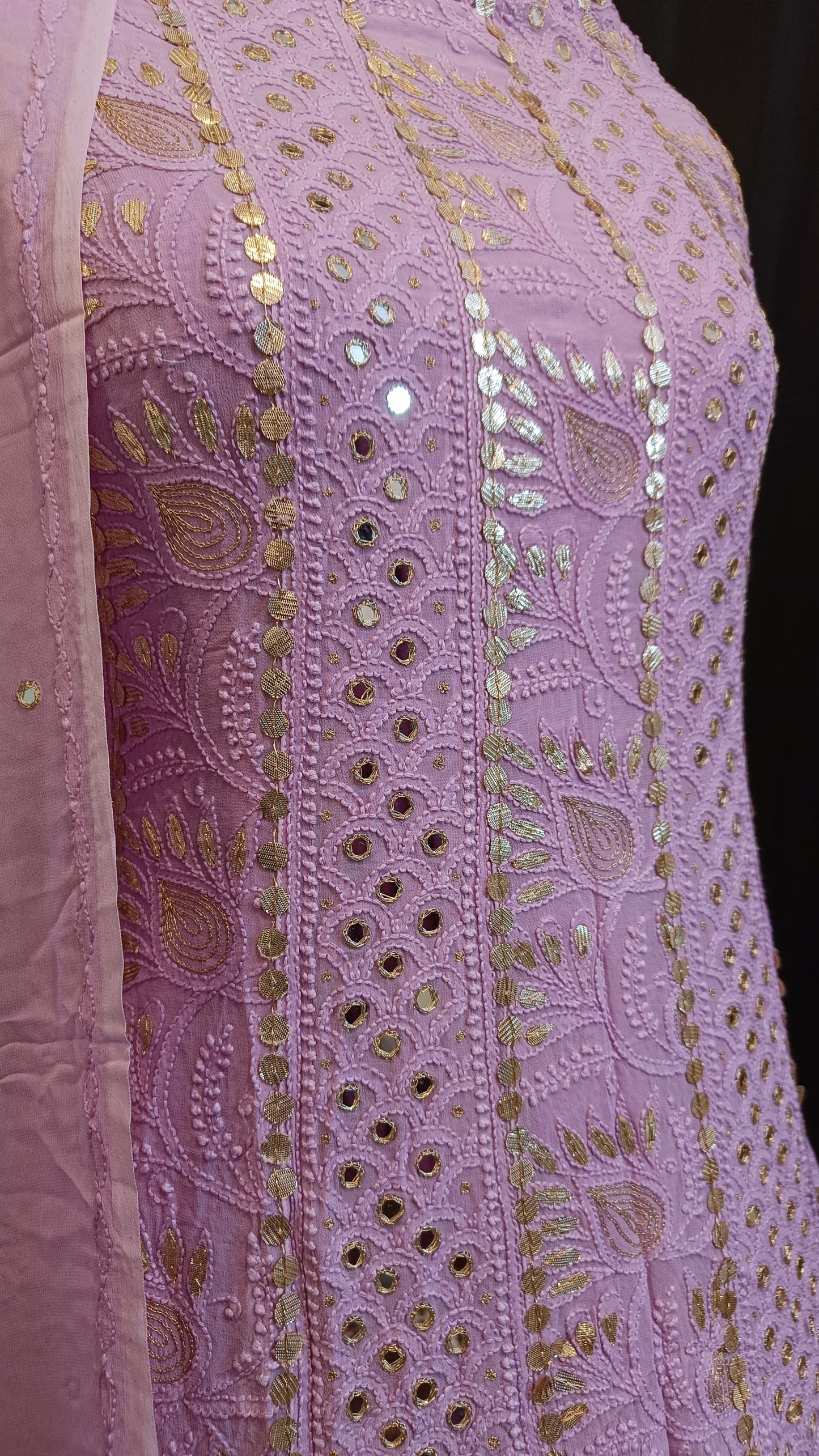 Mauve Chikankari and mirror work anarkali with dupatta