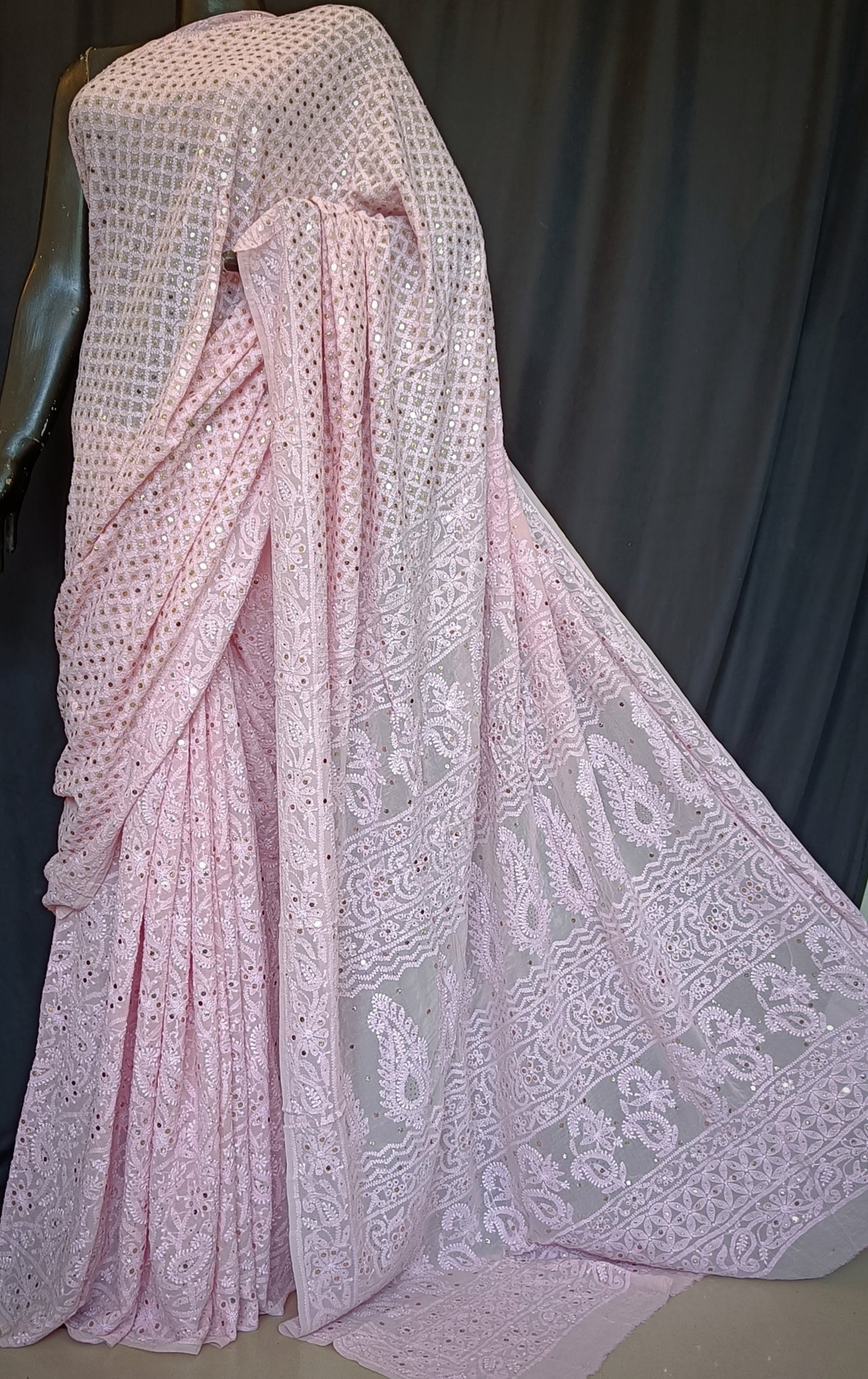 Ruhani Pretty Pink Allover Chikankari and Mukaish Saree