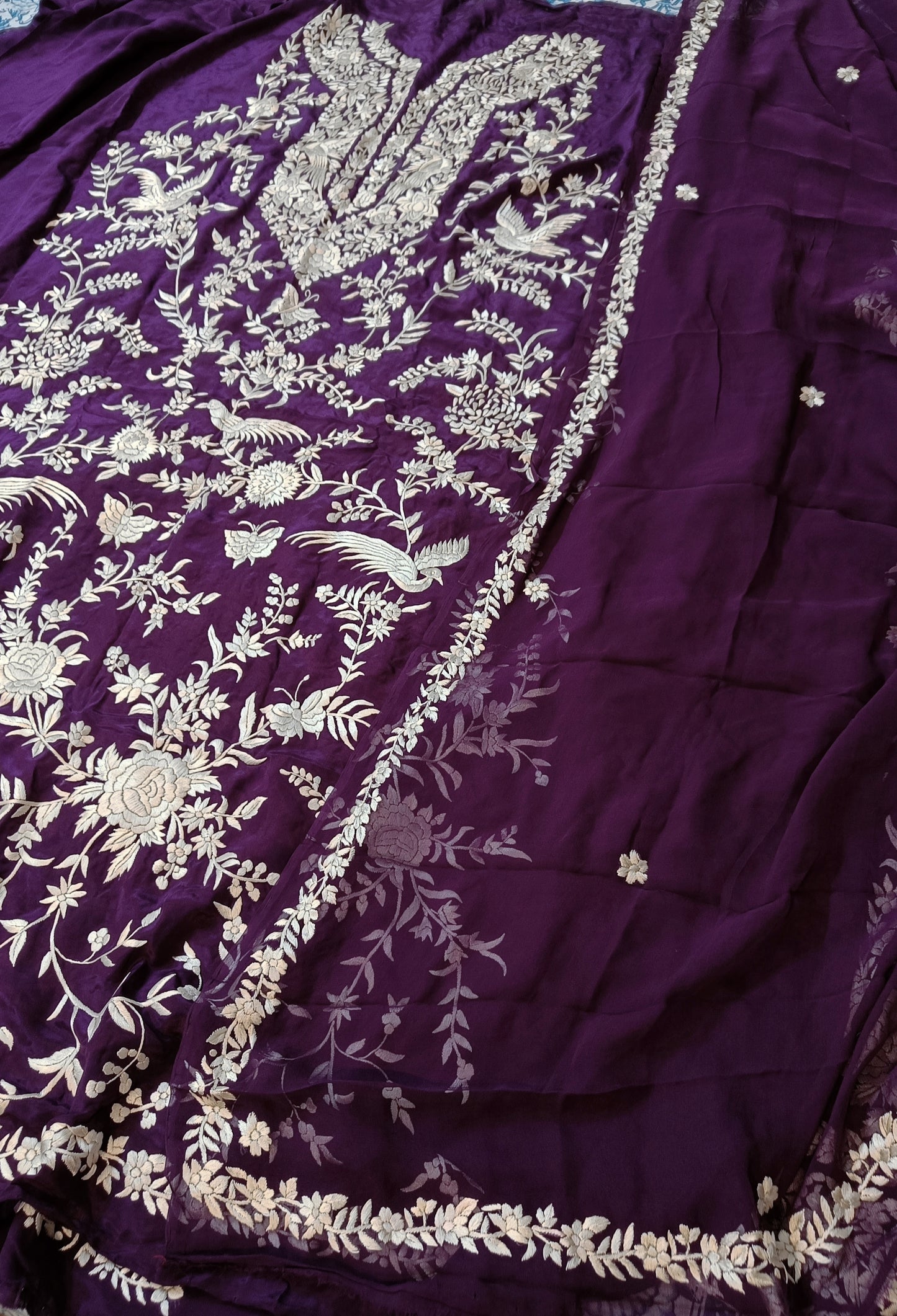 Purple Masterpiece Hand Embroidered Parsi Gara Pure Crepe Full Suit