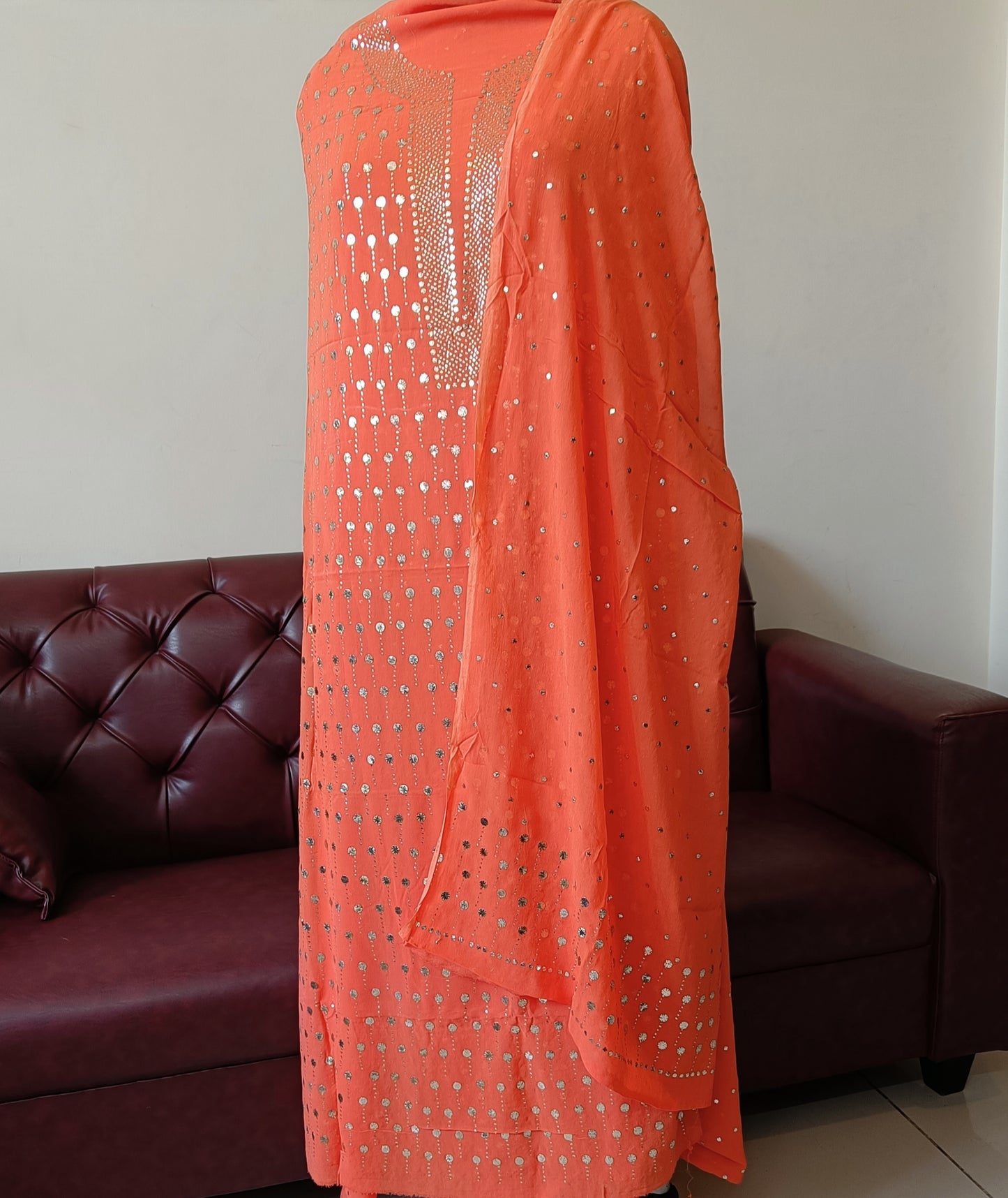 Orange Allover Mukaish Work Kurta and Dupatta Set