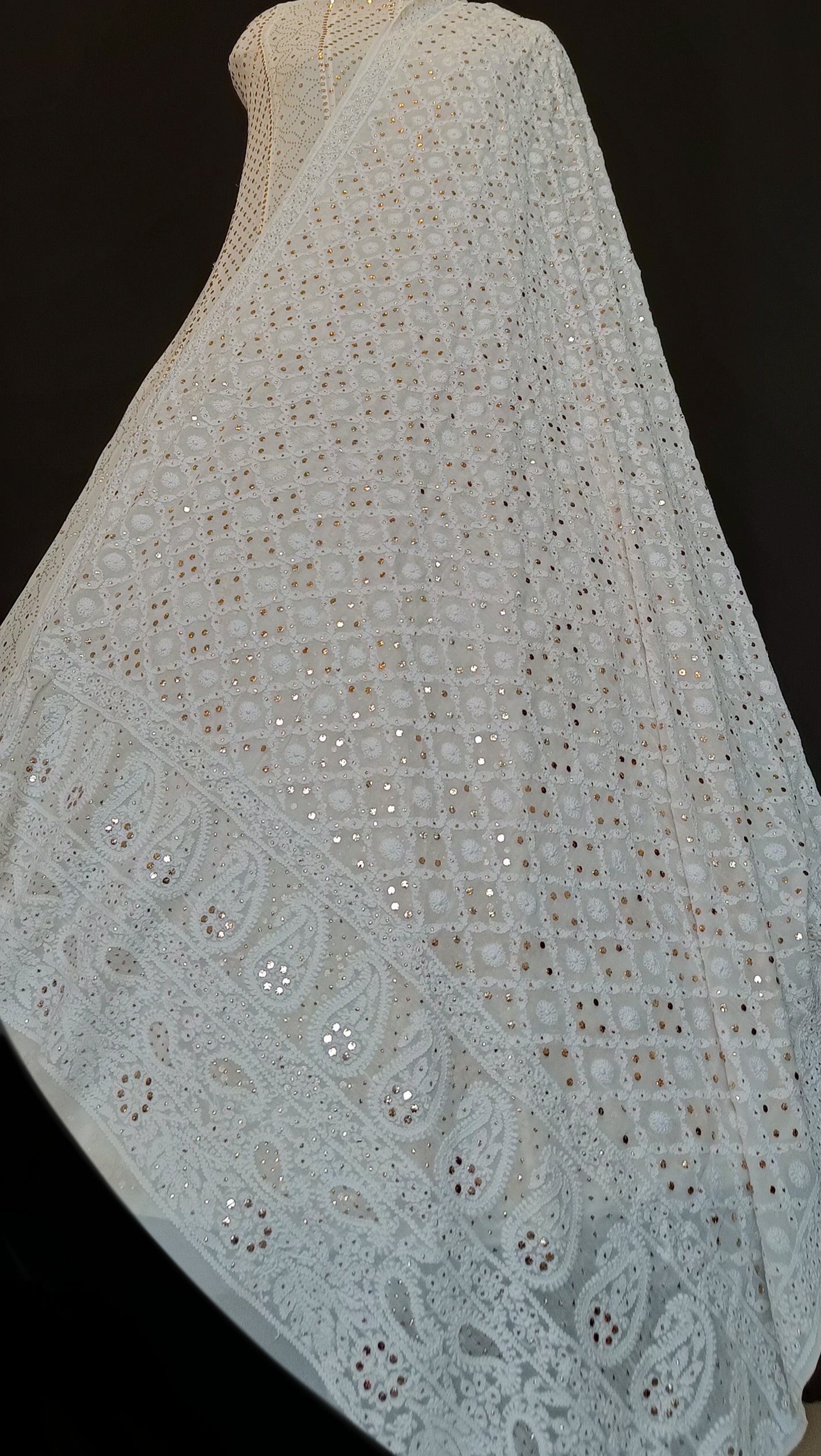 White Chikankari and mukaish dupatta
