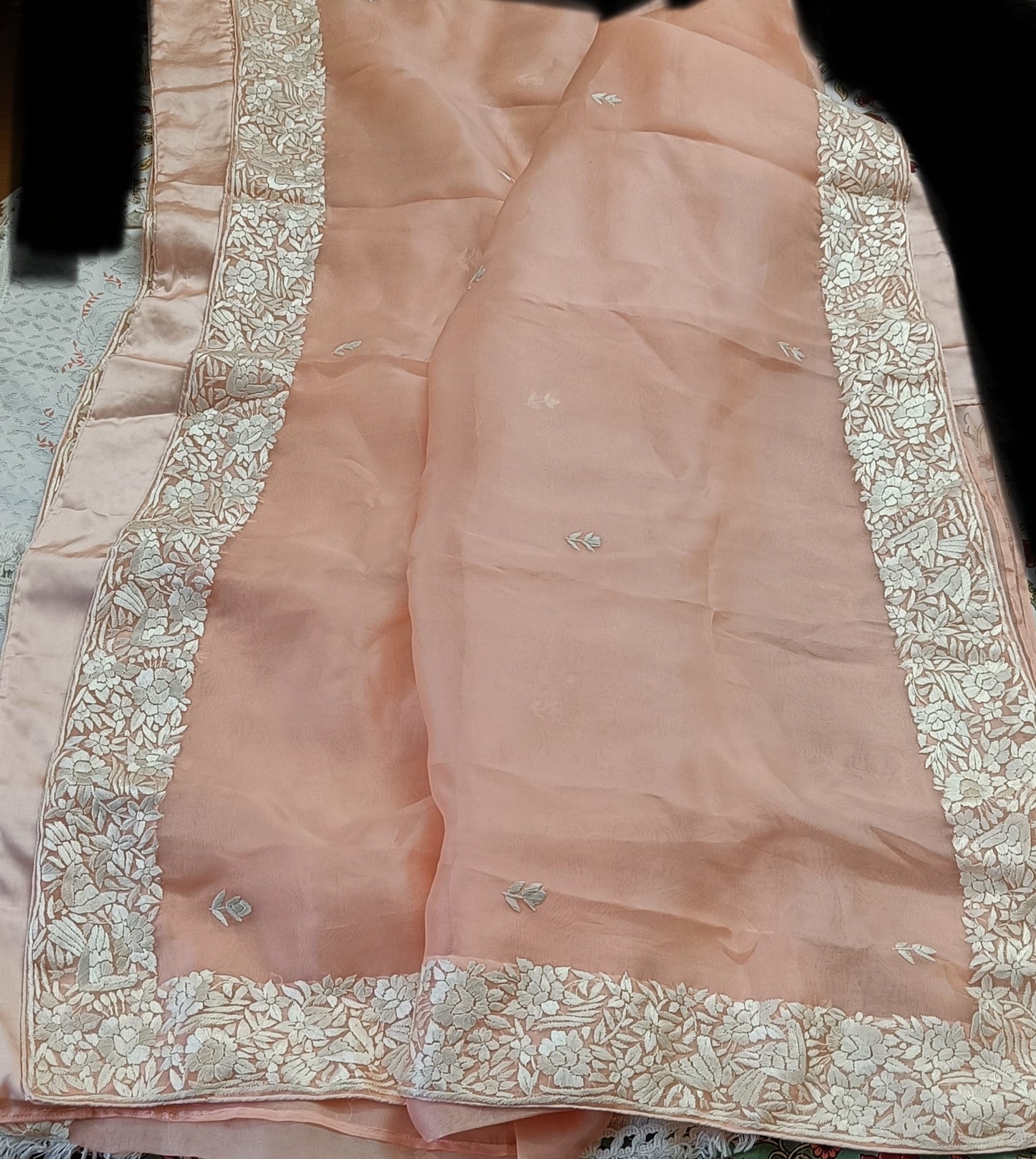 Pink Pure Organza Parsi Gara Hand Embroidered Saree
