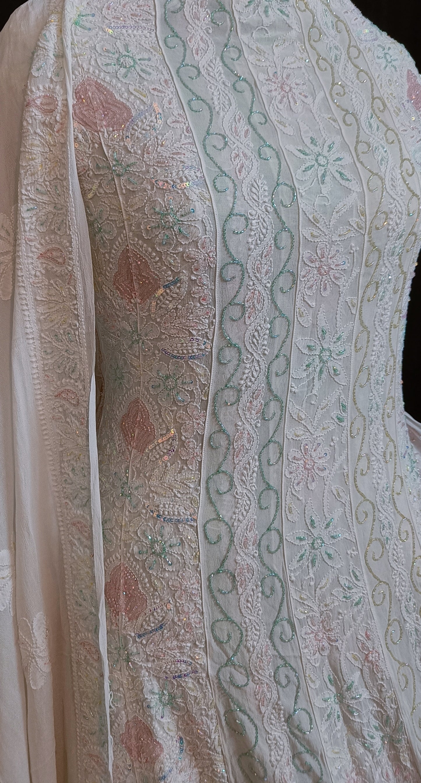 White Chikankari and Multicolored Cut Dana and Pearl Work Anarkali