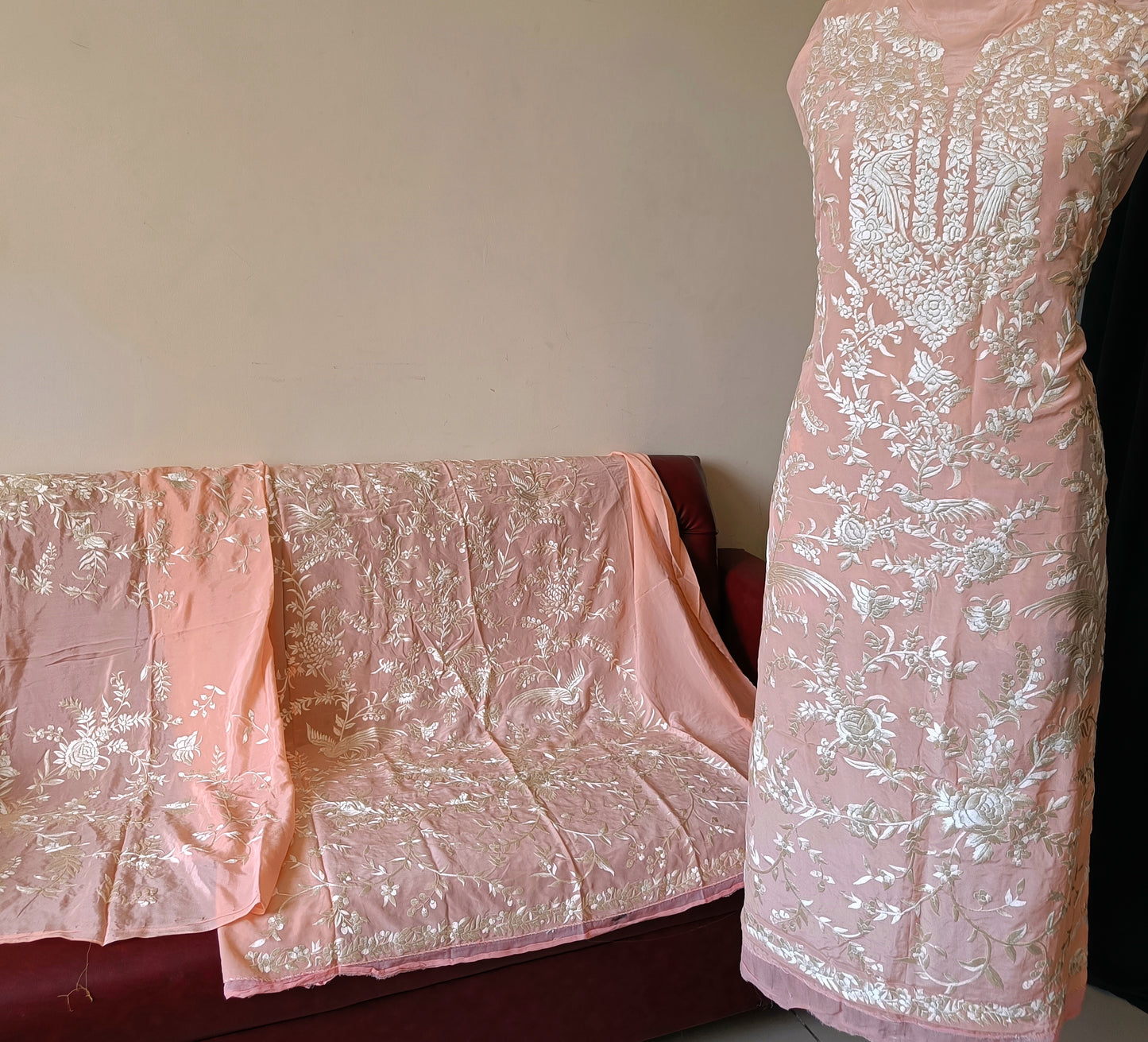 Peach Masterpiece Hand Embroidered Parsi Gara Full Suit