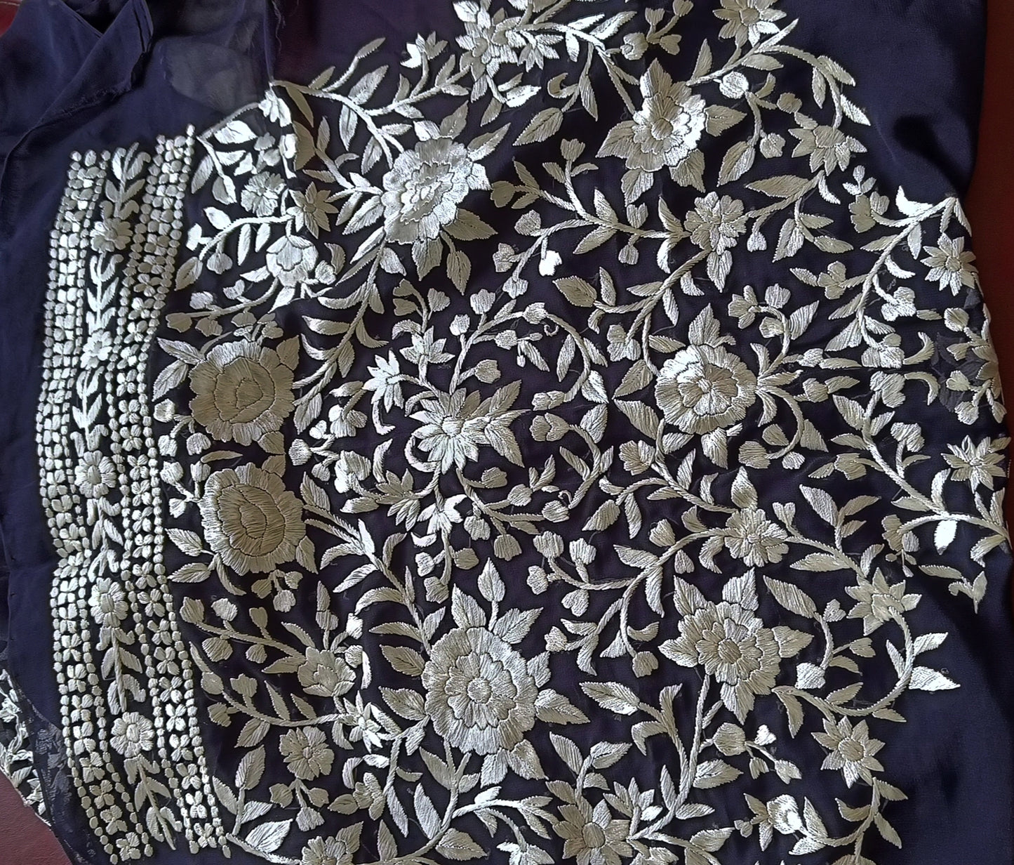 Midnight Blue Masterpiece Hand Embroidered Parsi Gara Kurta and Dupatta Set