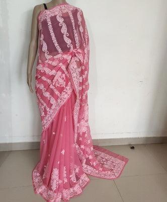 Coral designer half jaal Chikankari semi georgette saree - Lucknowi Andaaz