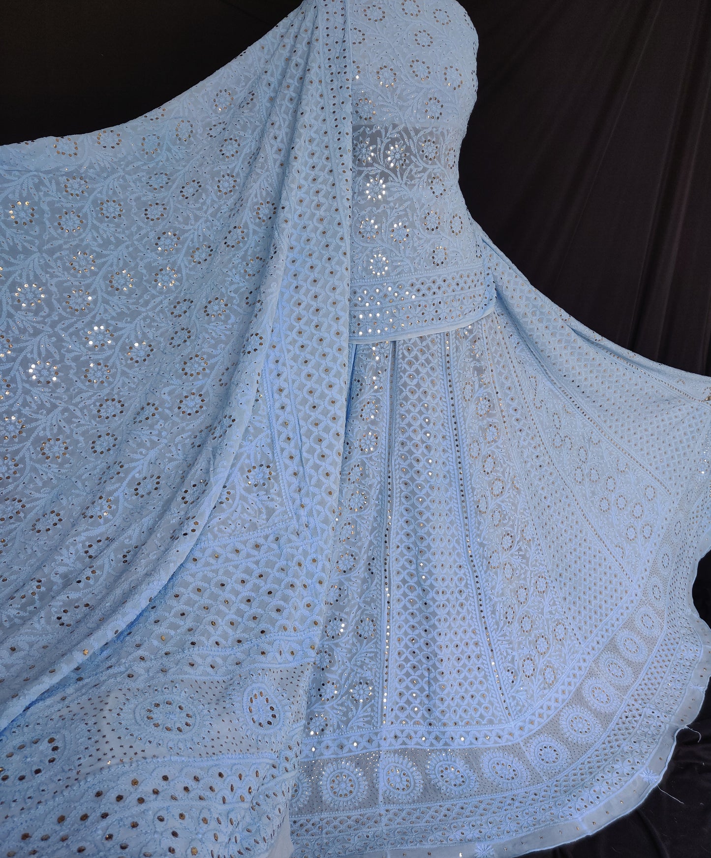Sky blue allover Chikankari and mukaish lehenga set