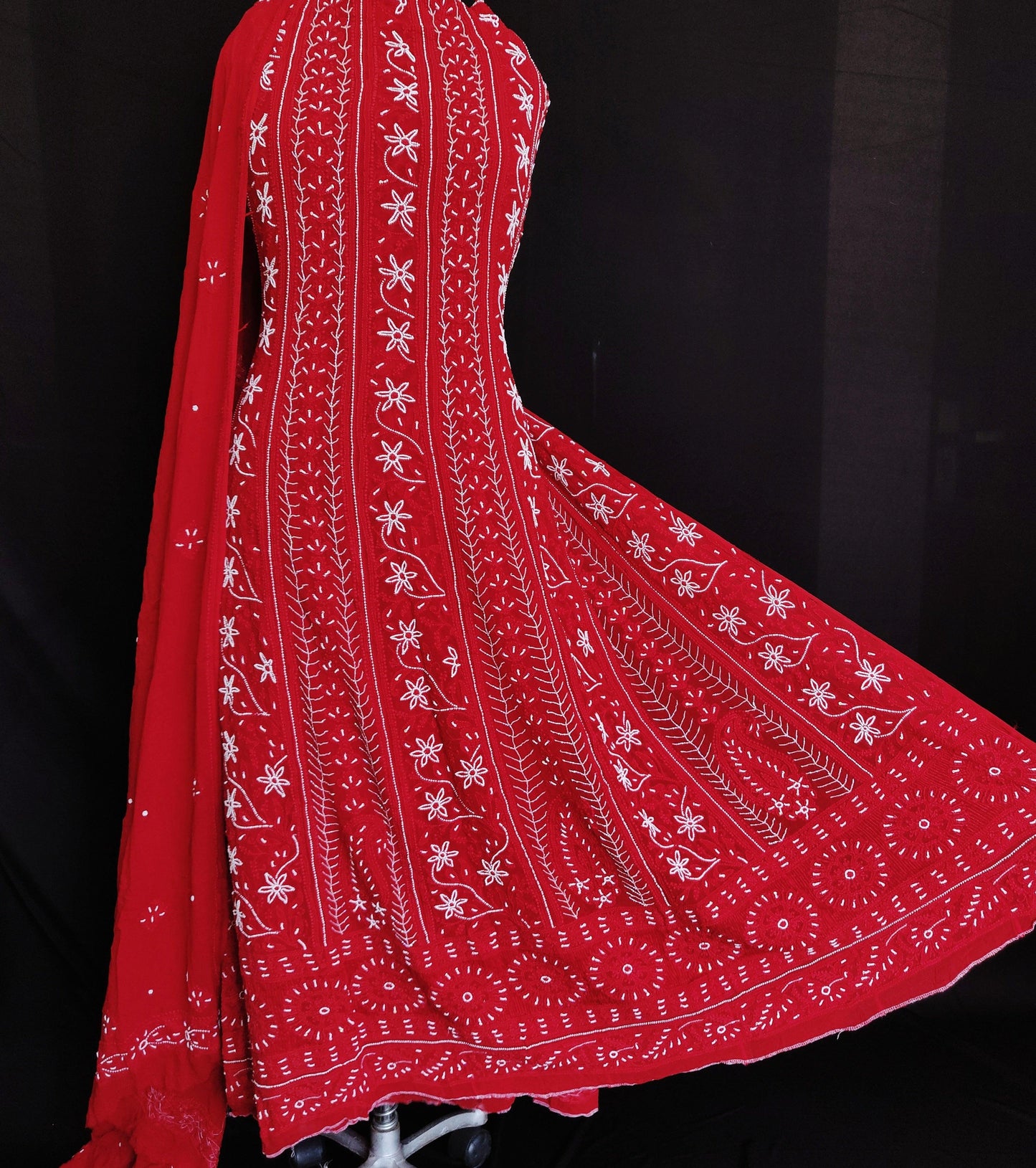 Red half pure georgette anarkali with Chikankari and pearl embroidery - Lucknowi Andaaz