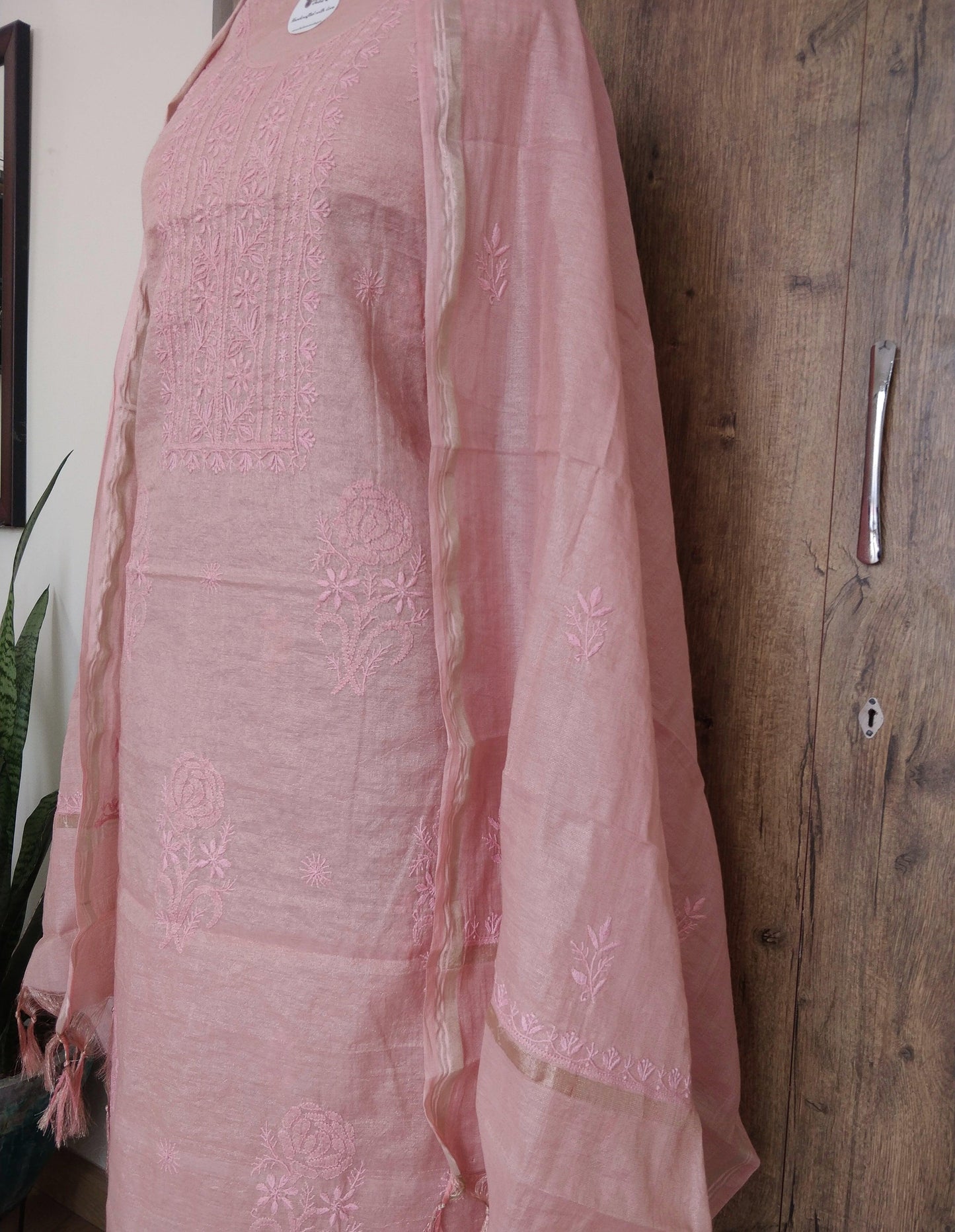 Peachish pink Tissue chanderi fine Chikankari Kurta and Dupatta - Lucknowi Andaaz