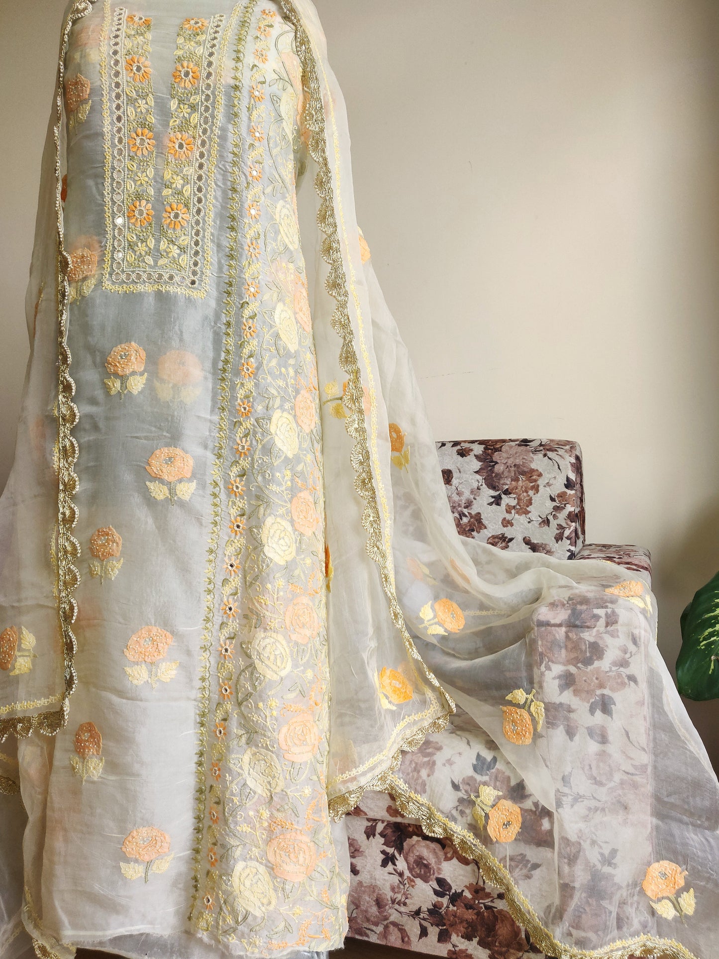 Ruhani Lemon yellow masterpiece Chikankari pure Organza kurta with dupatta