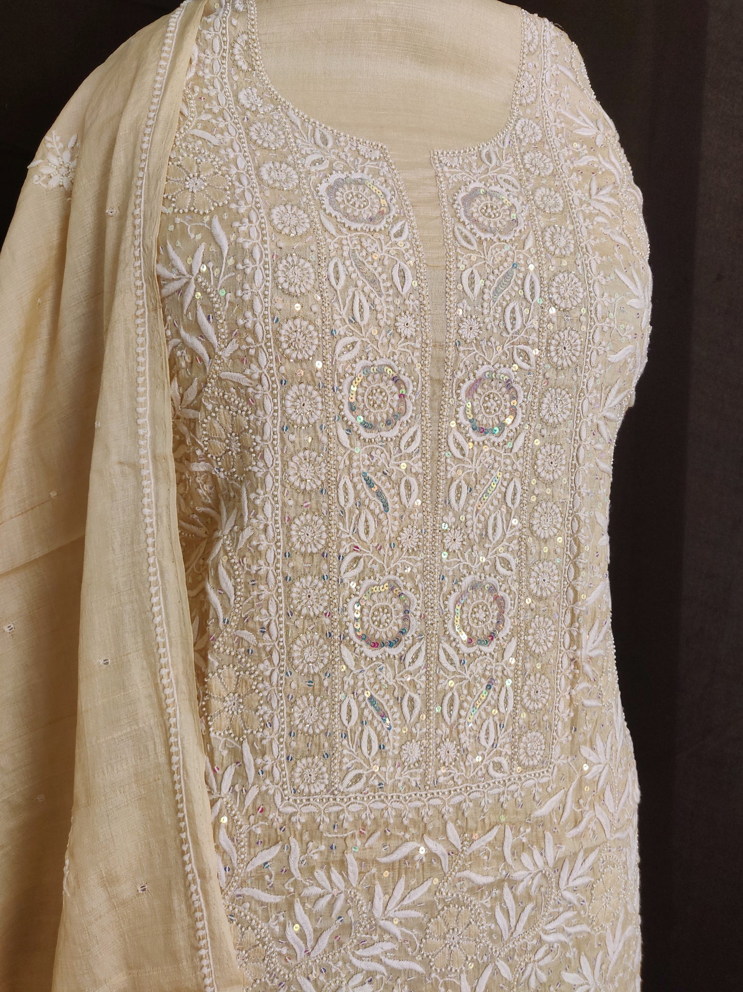 Ruhani Munga silk 3 taar Chikankari and embellished kurta and dupatta