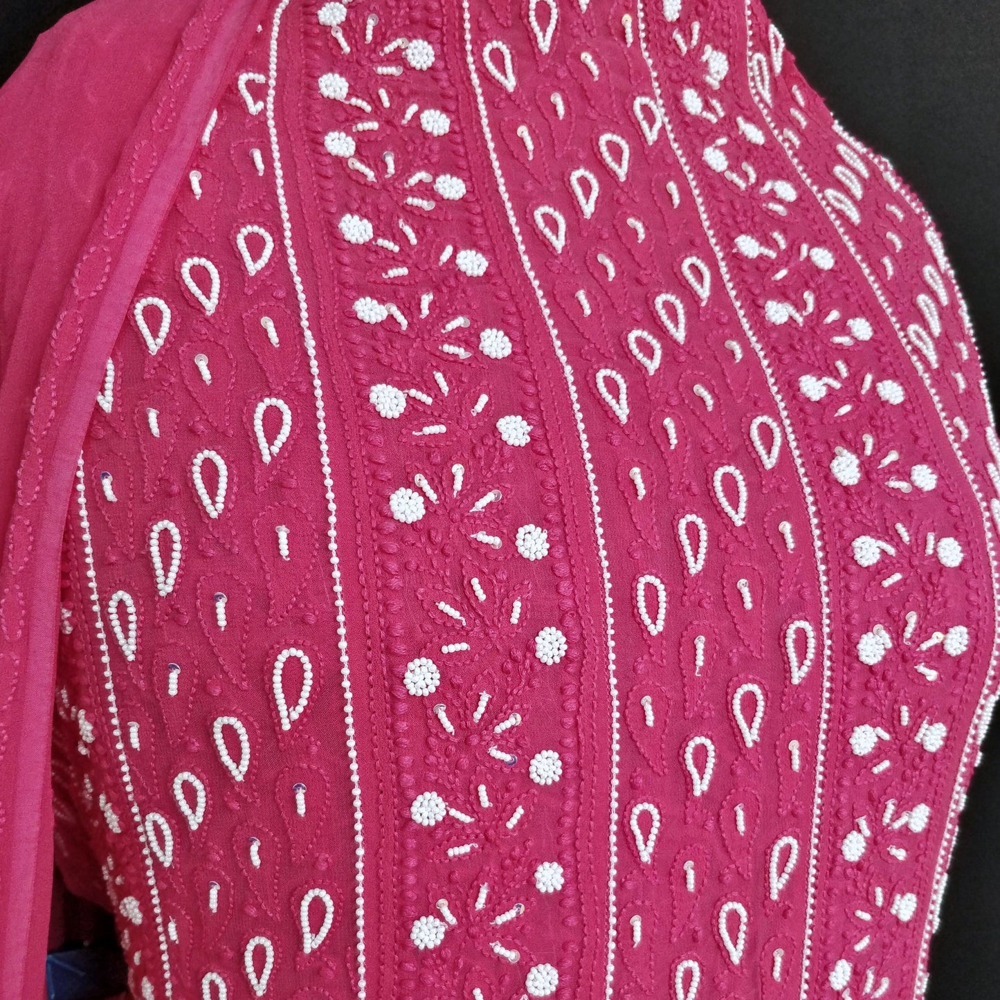 Hot Pink half pure georgette anarkali with Chikankari and pearl embroidery - Lucknowi Andaaz