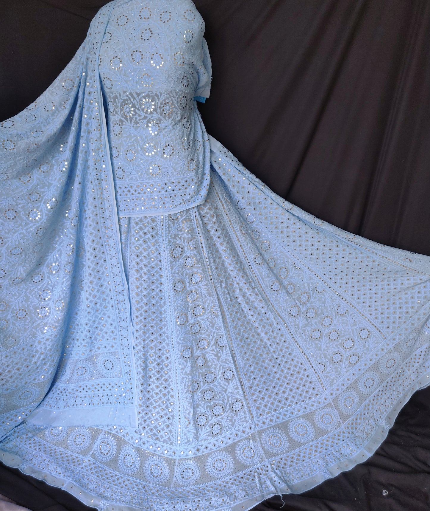 Sky blue allover Chikankari and mukaish lehenga set