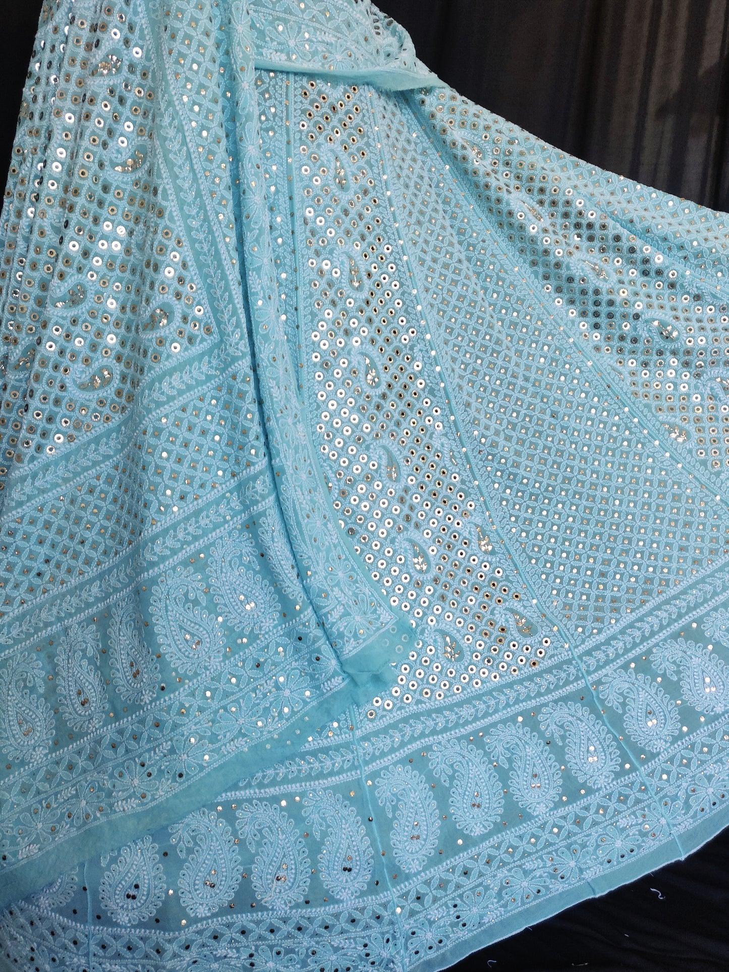 Ruhani Aqua blue Chikankari and ring mukaish lehenga set