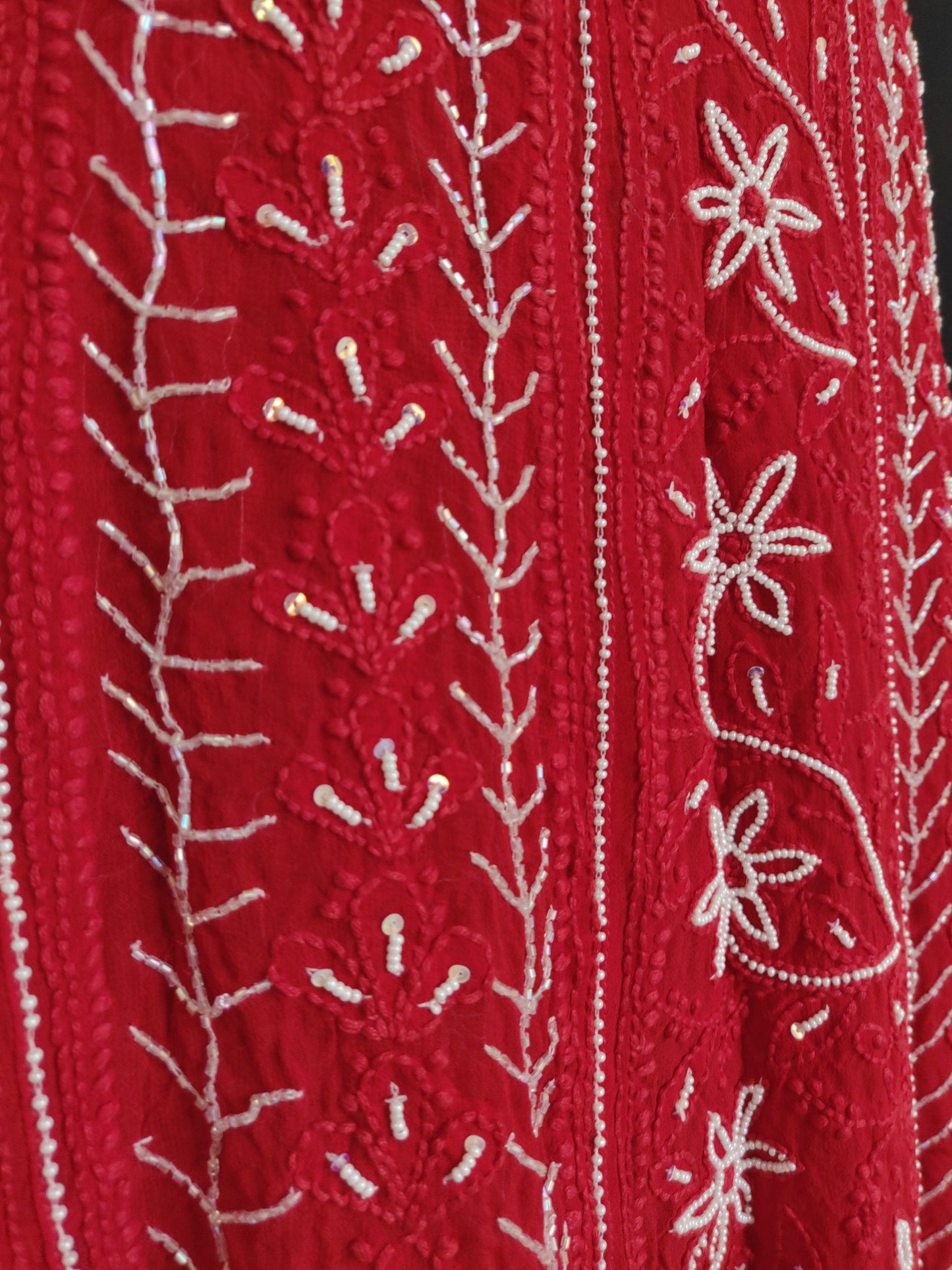 Red half pure georgette anarkali with Chikankari and pearl embroidery - Lucknowi Andaaz