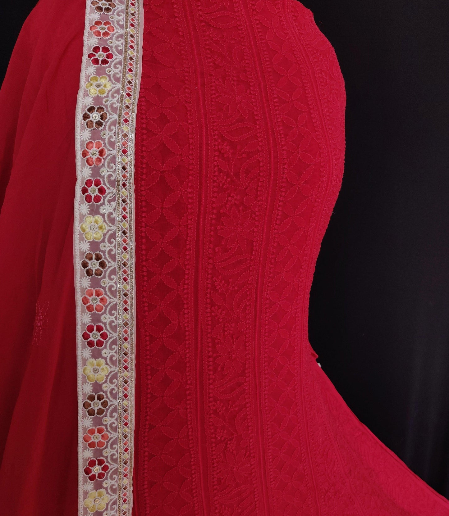 Red viscose georgette Chikankari anarkali with dupatta - Lucknowi Andaaz