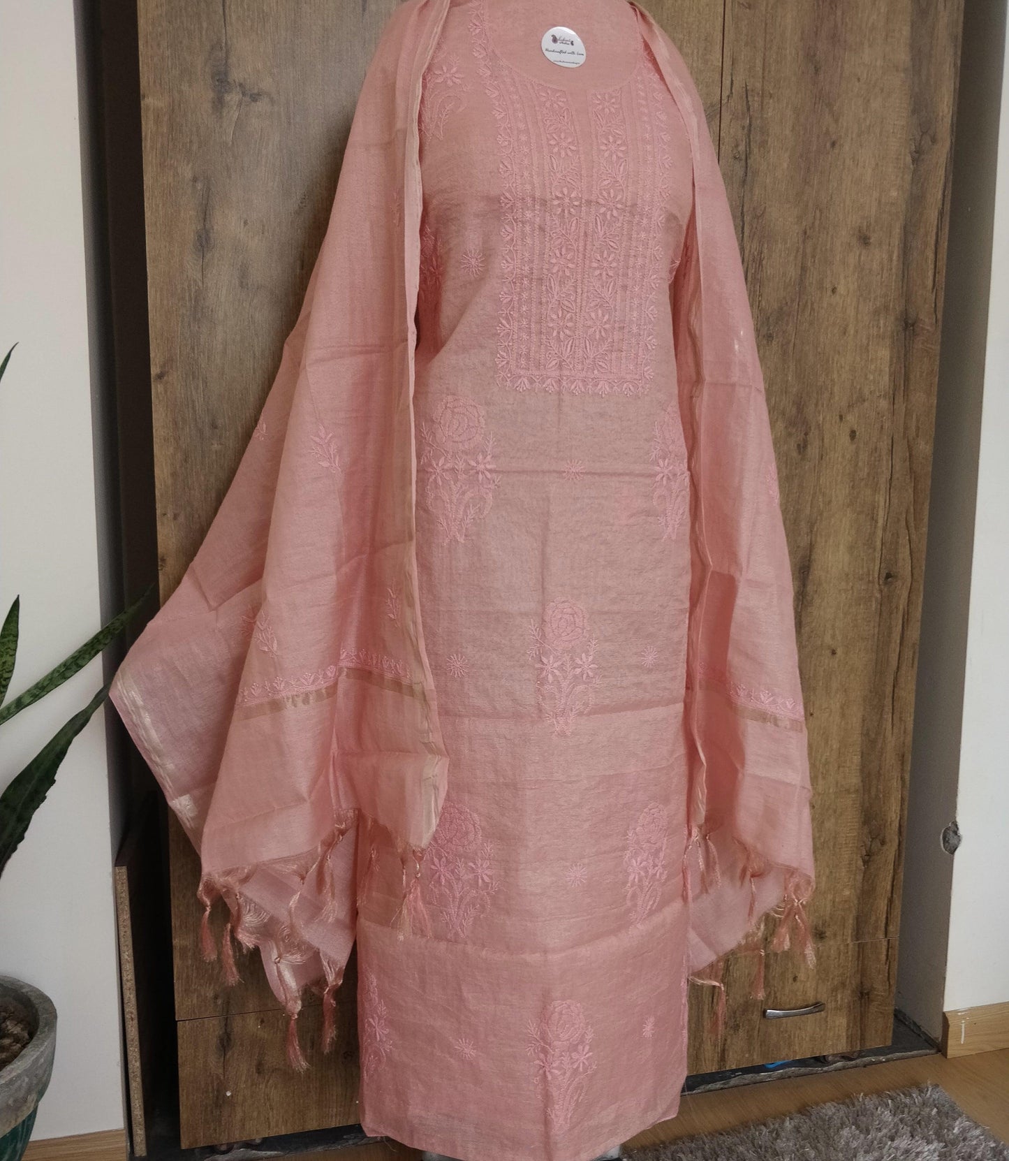 Peachish pink Tissue chanderi fine Chikankari Kurta and Dupatta - Lucknowi Andaaz