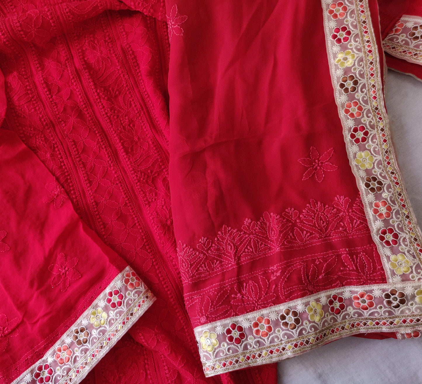 Red viscose georgette Chikankari anarkali with dupatta - Lucknowi Andaaz