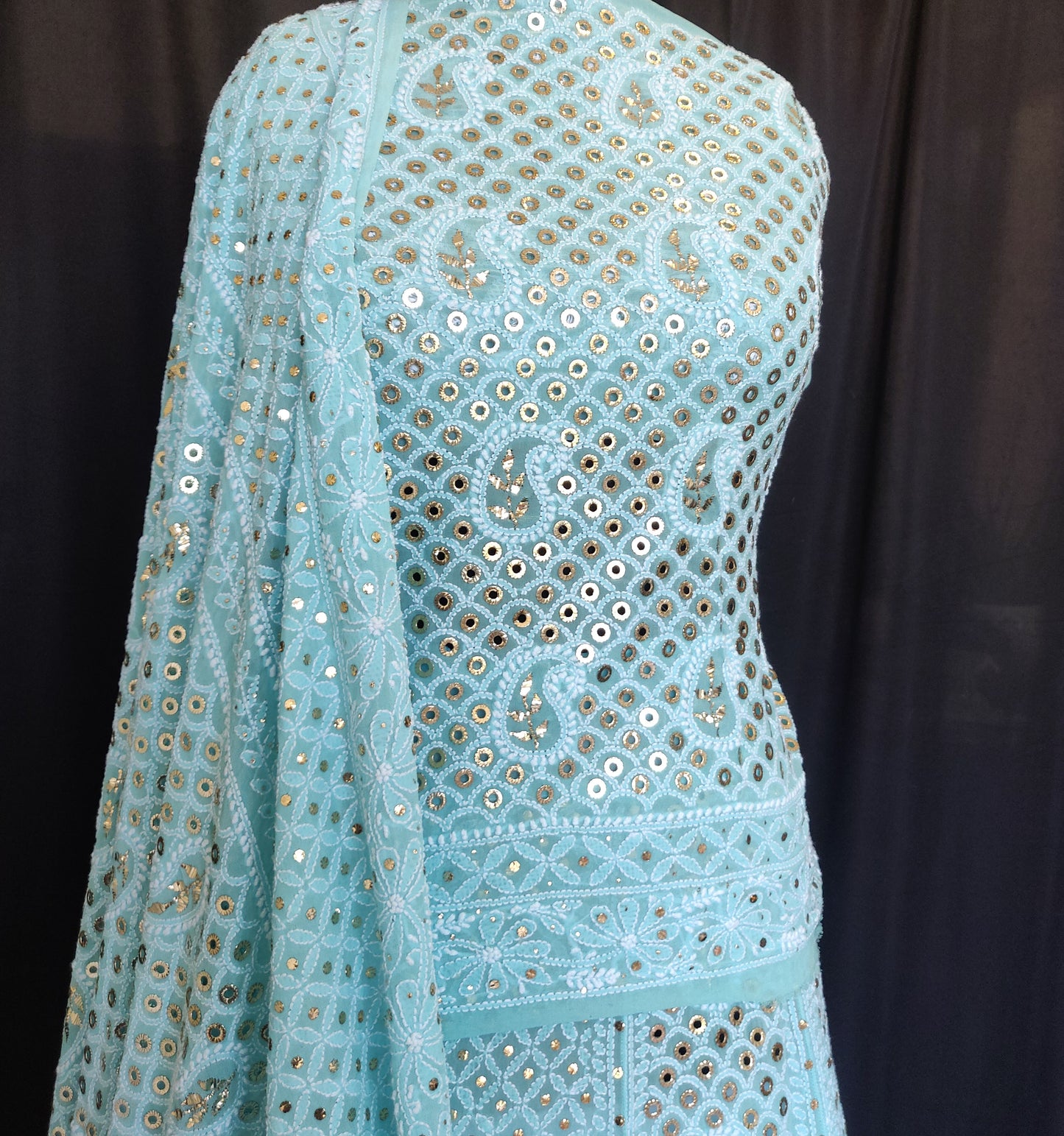 Ruhani Aqua blue Chikankari and ring mukaish lehenga set