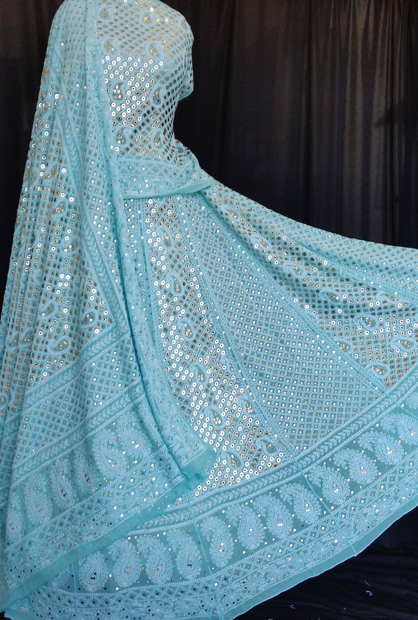 Ruhani Aqua blue Chikankari and ring mukaish lehenga set