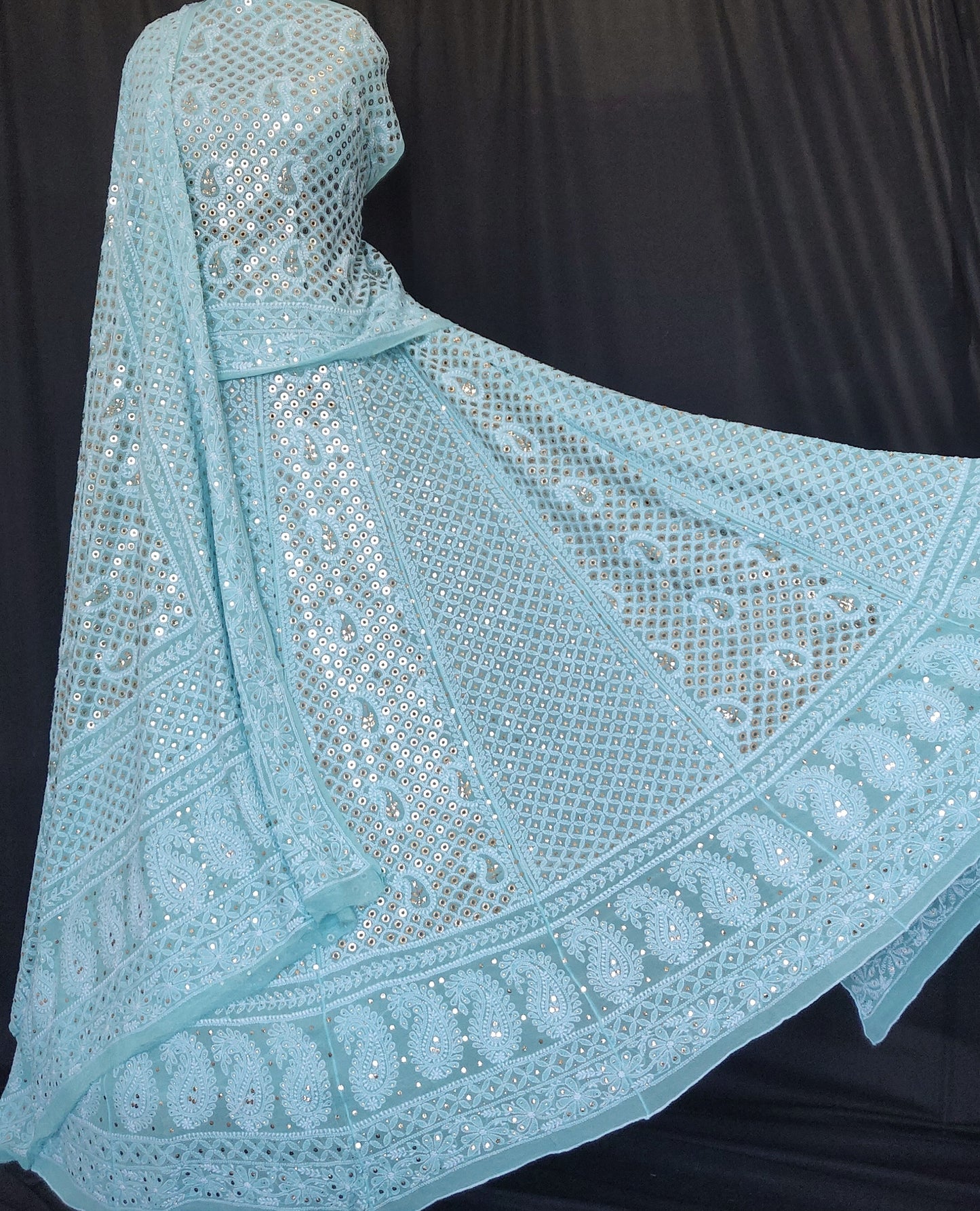 Ruhani Aqua blue Chikankari and ring mukaish lehenga set