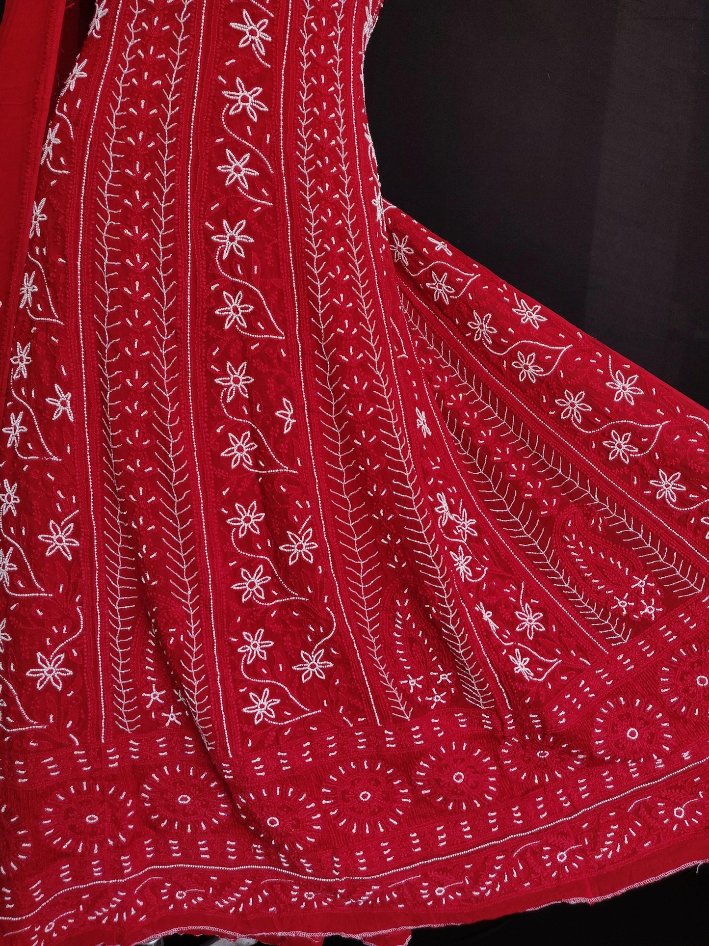 Red half pure georgette anarkali with Chikankari and pearl embroidery - Lucknowi Andaaz