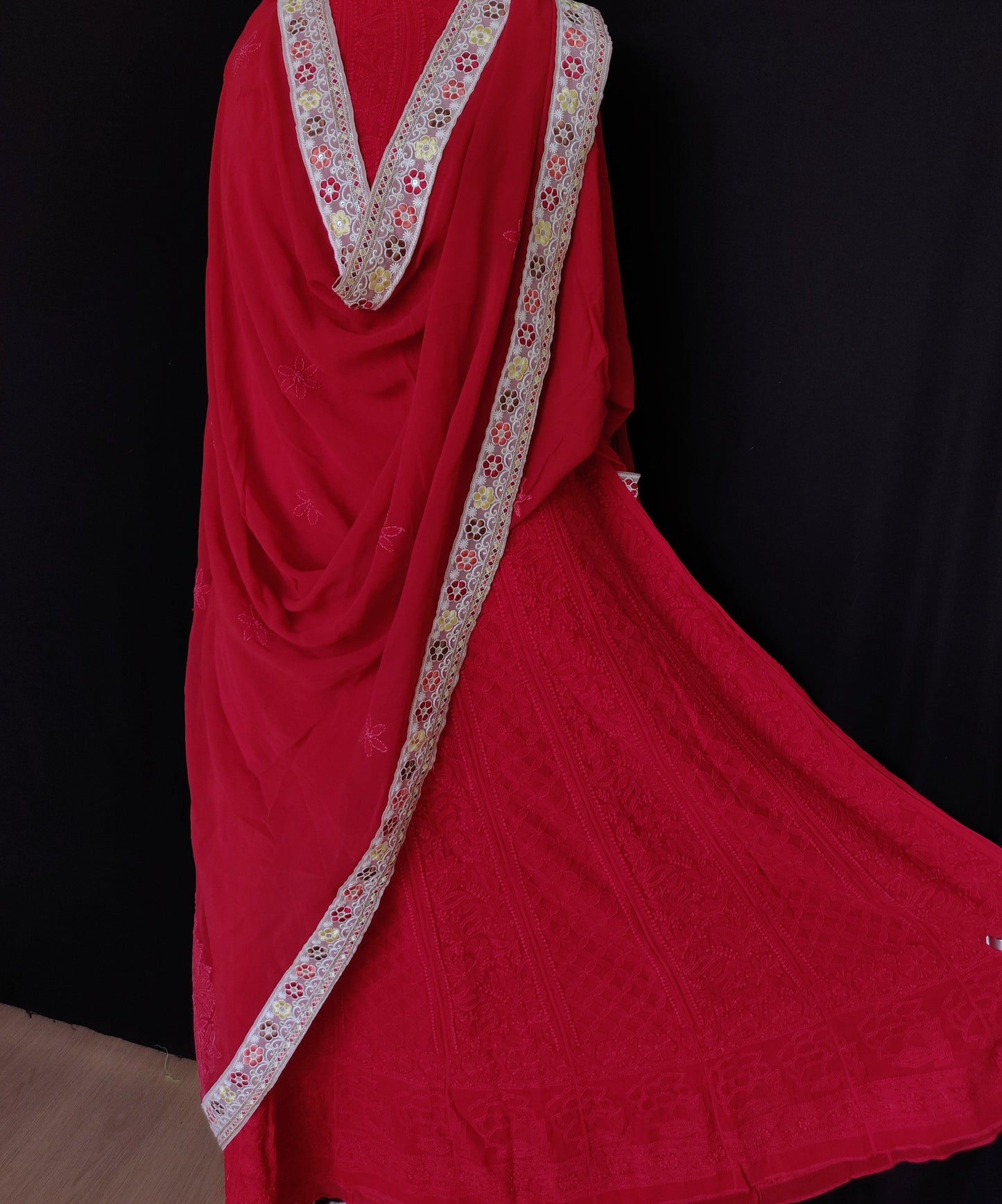 Red viscose georgette Chikankari anarkali with dupatta - Lucknowi Andaaz