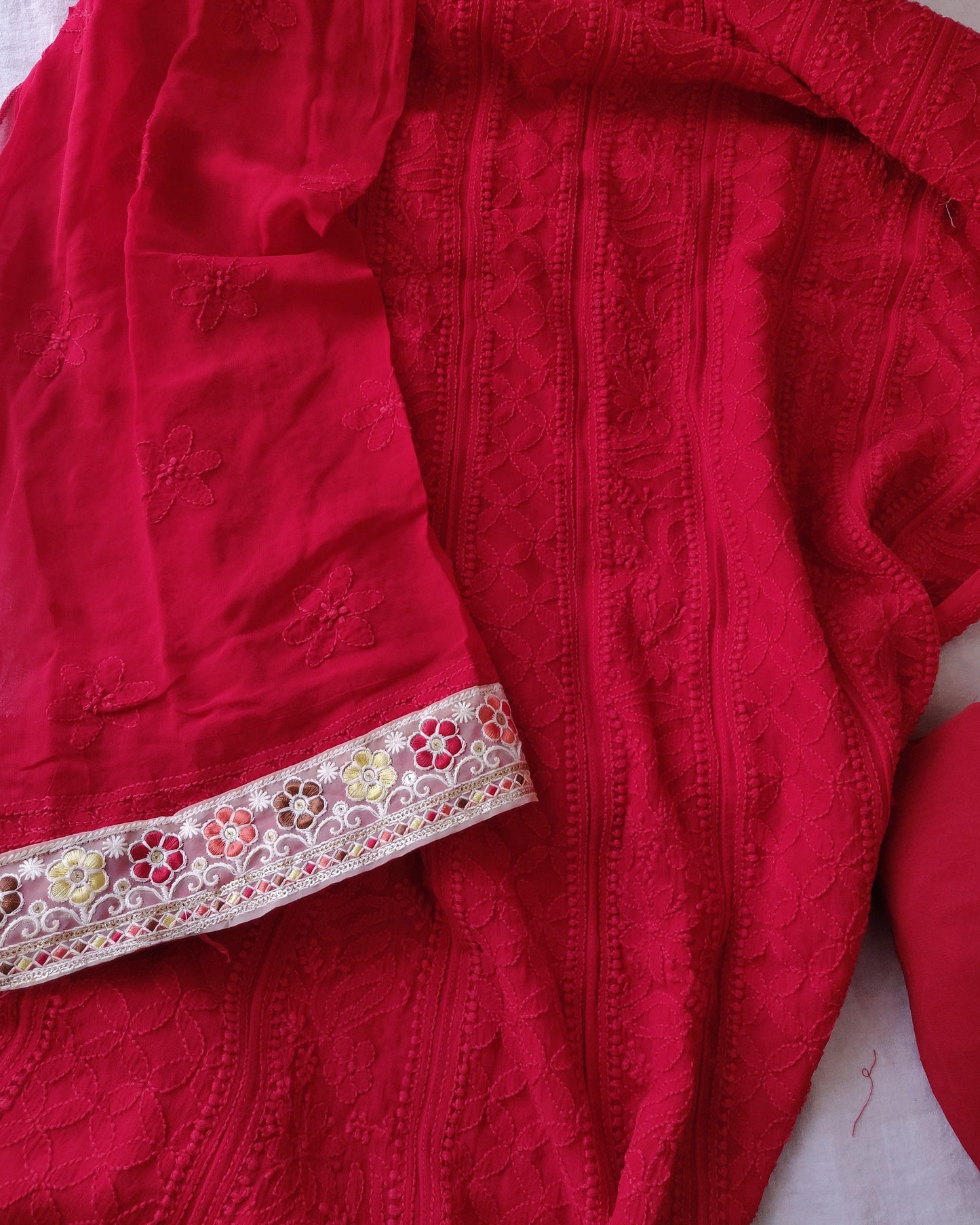 Red viscose georgette Chikankari anarkali with dupatta - Lucknowi Andaaz