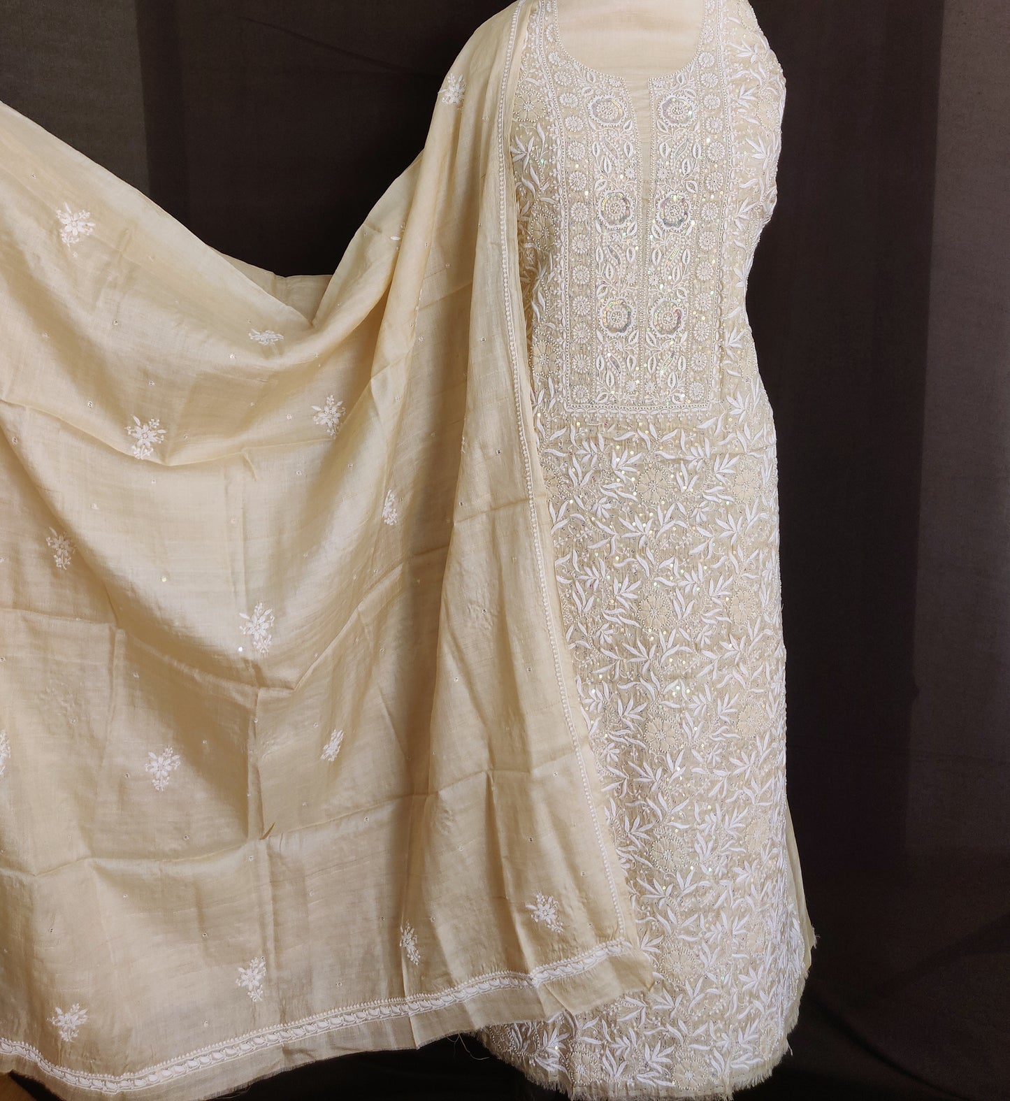 Ruhani Munga silk 3 taar Chikankari and embellished kurta and dupatta