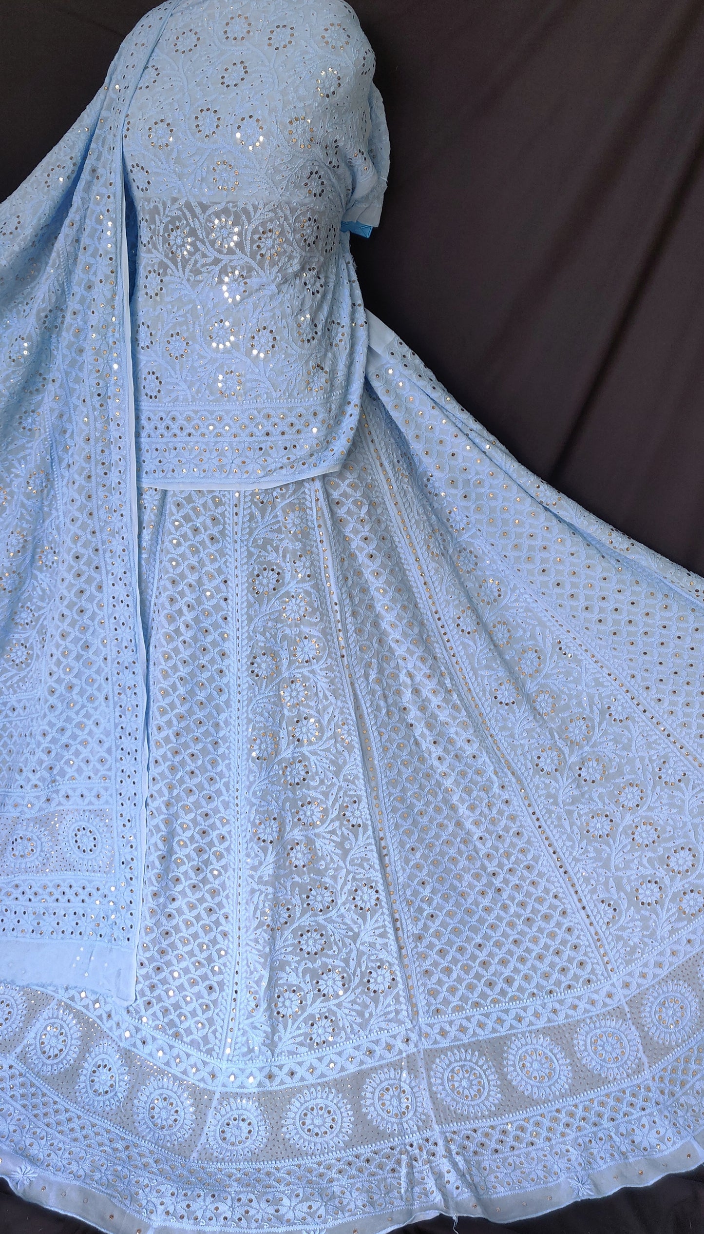 Sky blue allover Chikankari and mukaish lehenga set