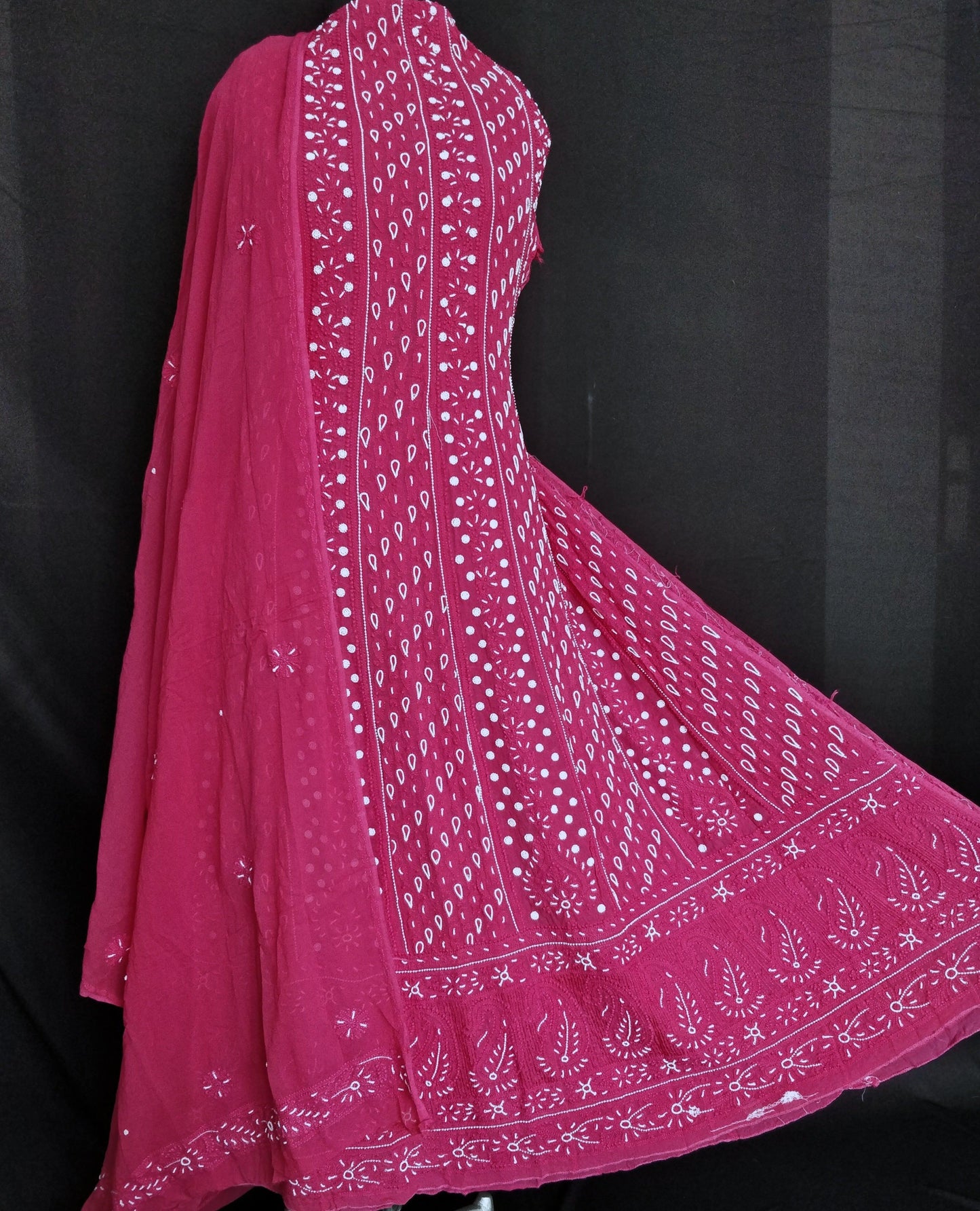 Hot Pink half pure georgette anarkali with Chikankari and pearl embroidery - Lucknowi Andaaz