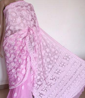 Mauvish pink fine Chikankari half jaal saree - Lucknowi Andaaz